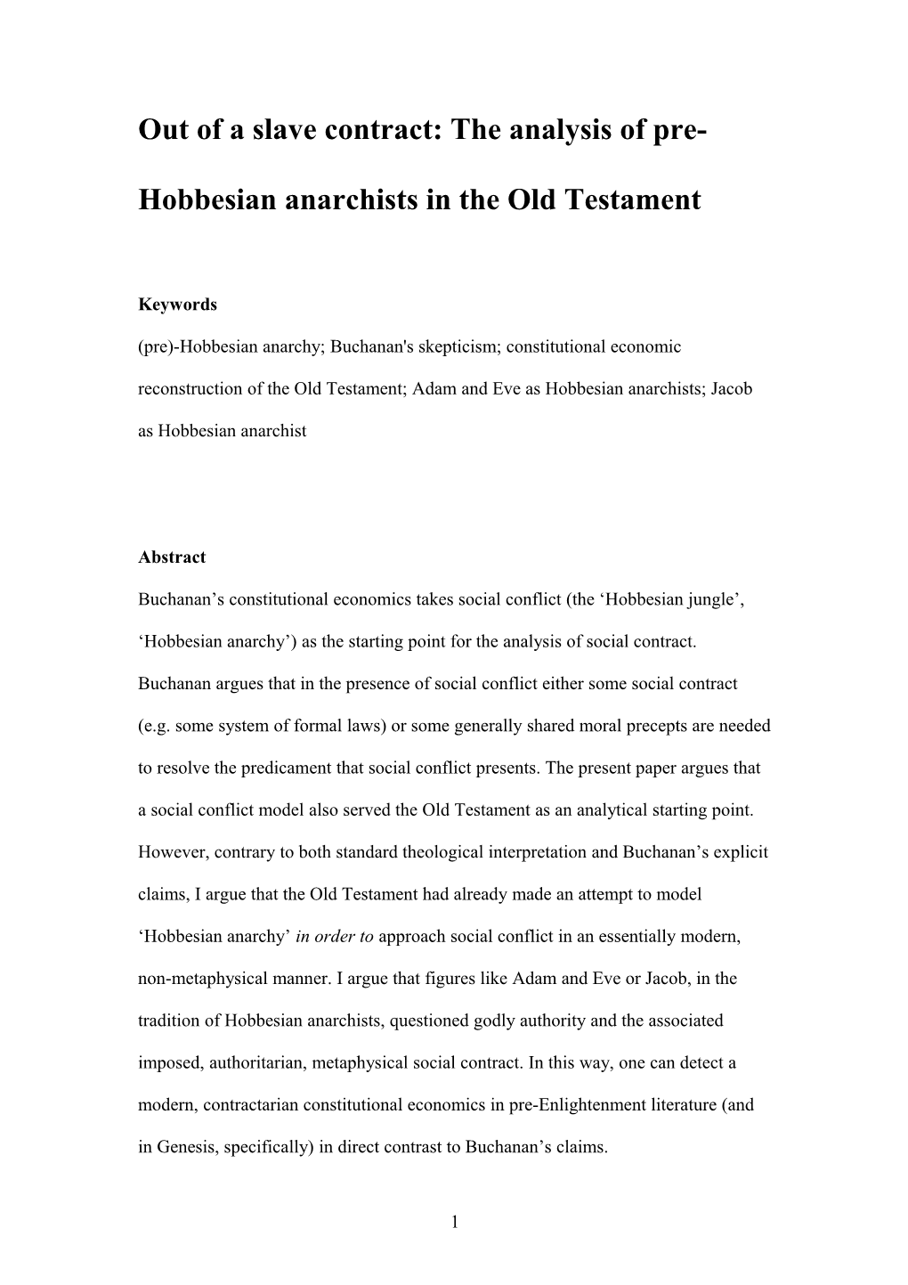 Out of a Slave Contract: on the Analysis of Pre-Hobbesian Anarchy in the Old Testament