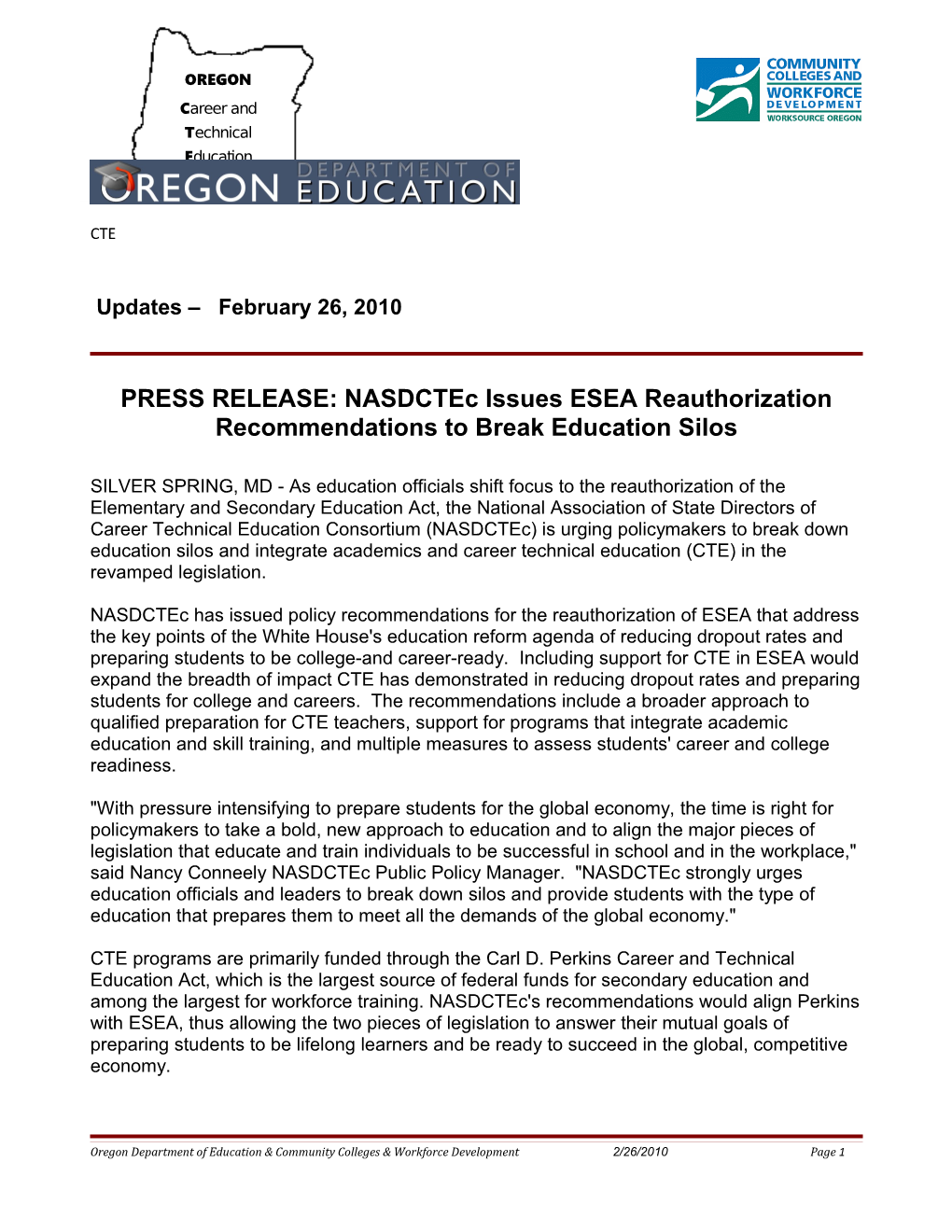 PRESS RELEASE: Nasdctec Issues ESEA Reauthorization Recommendations to Break Education Silos