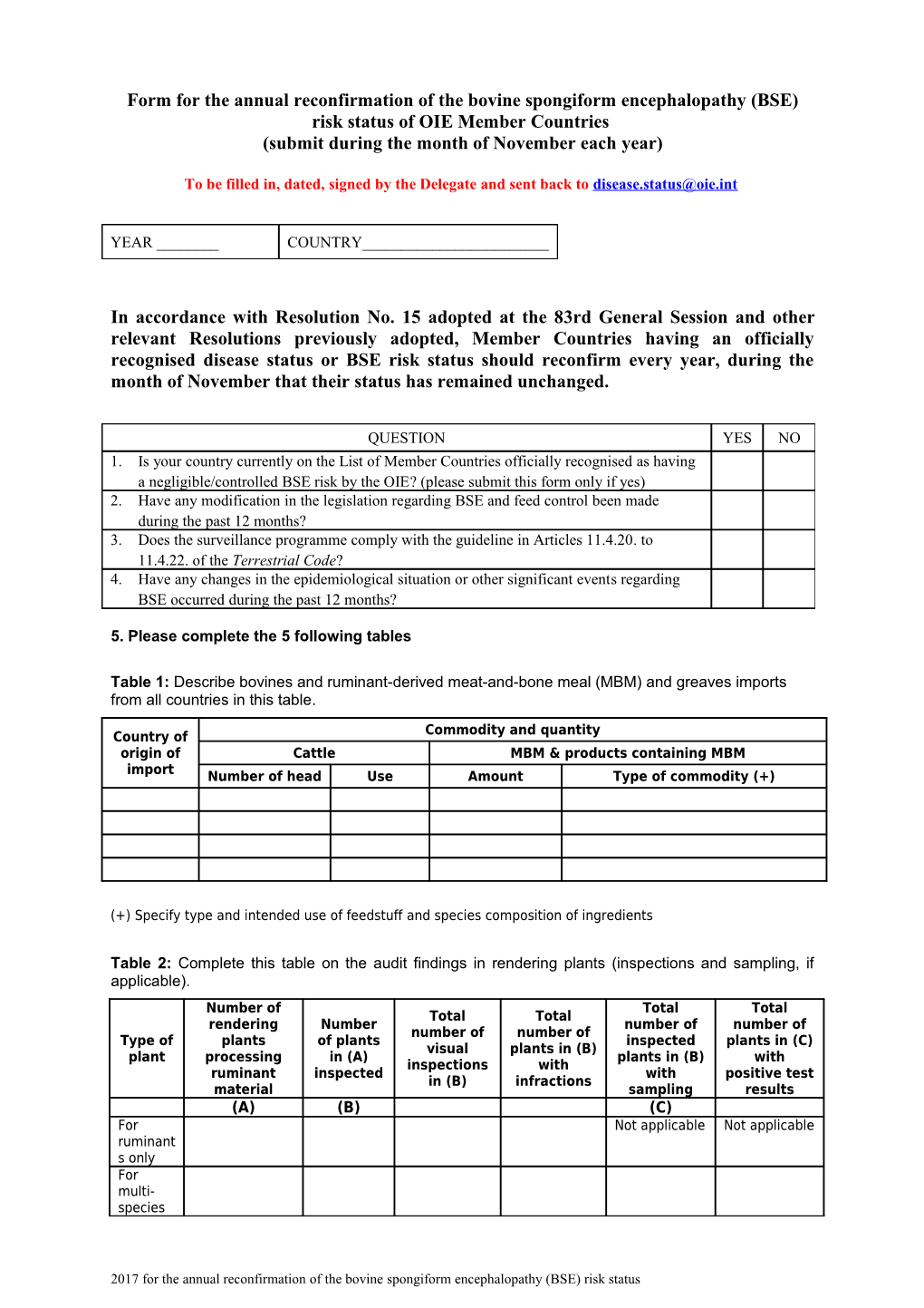 Short Questionnaire for the Annual Reconfirmation of the CBPP Disease Status of OIE Members