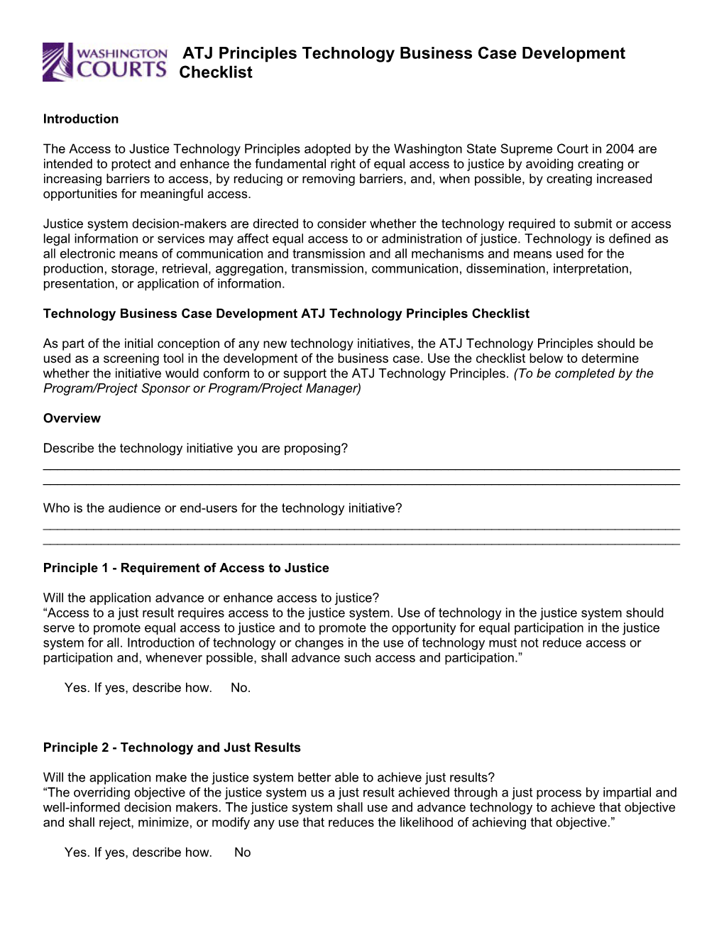 Technology Business Case Development ATJ Technology Principles Checklist