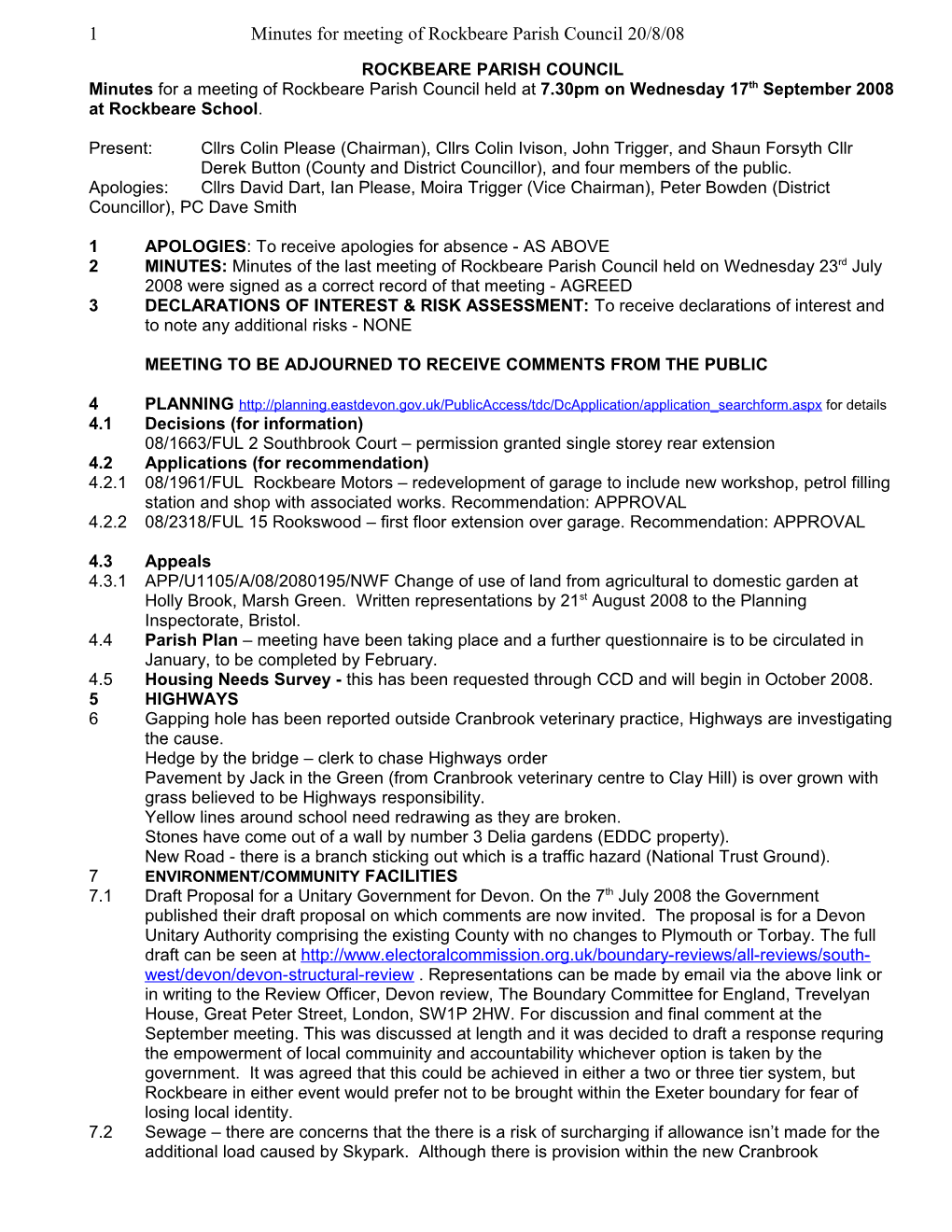 1 Minutes for Meeting of Rockbeare Parish Council 20/8/08