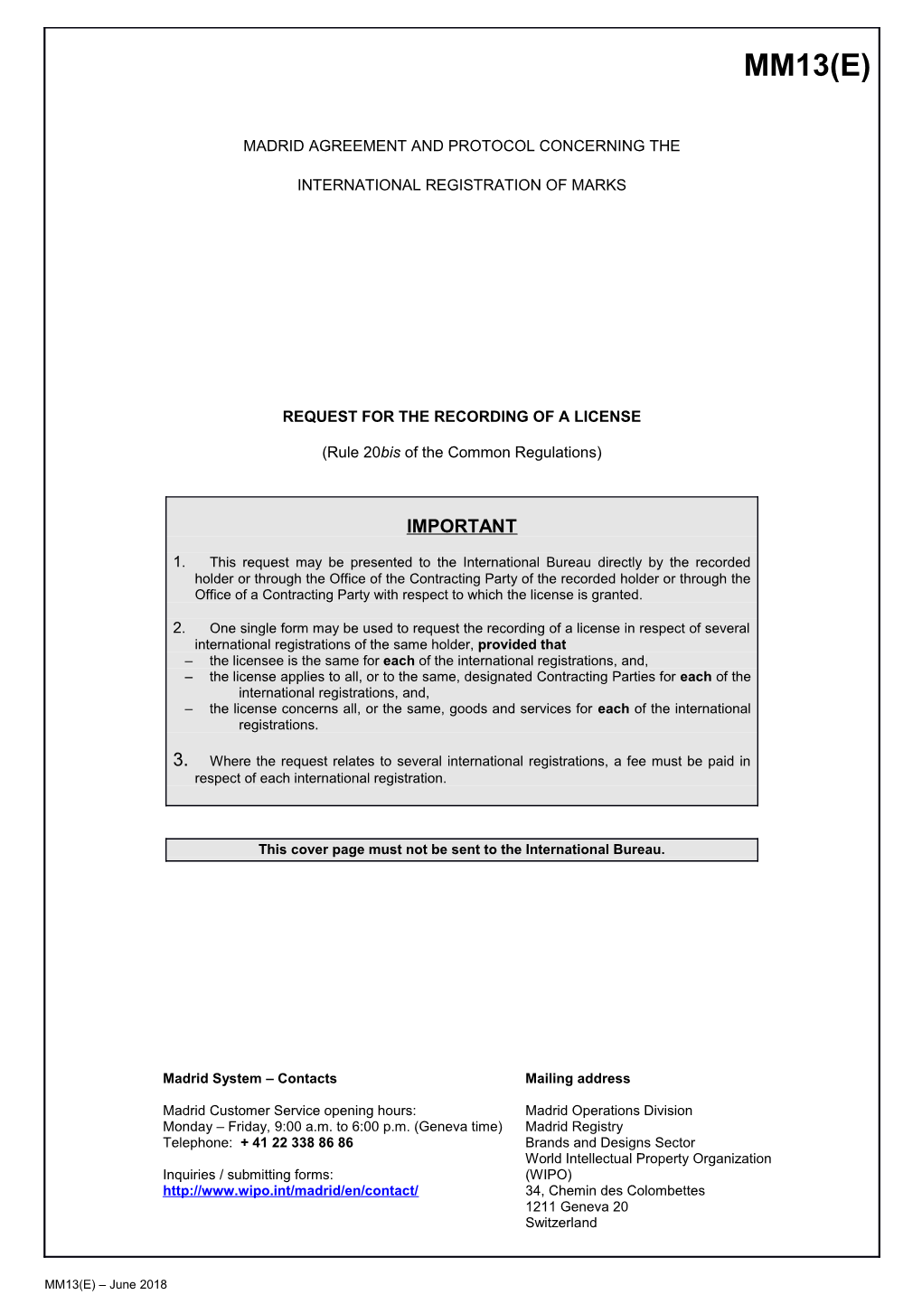 Form MM13 (Madrid Agreement Concerning the International Registration of Marks