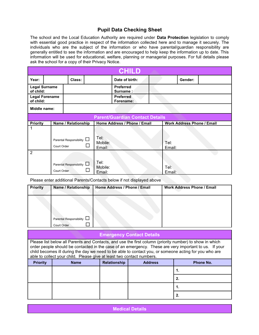 Pupil Data Checking Sheet