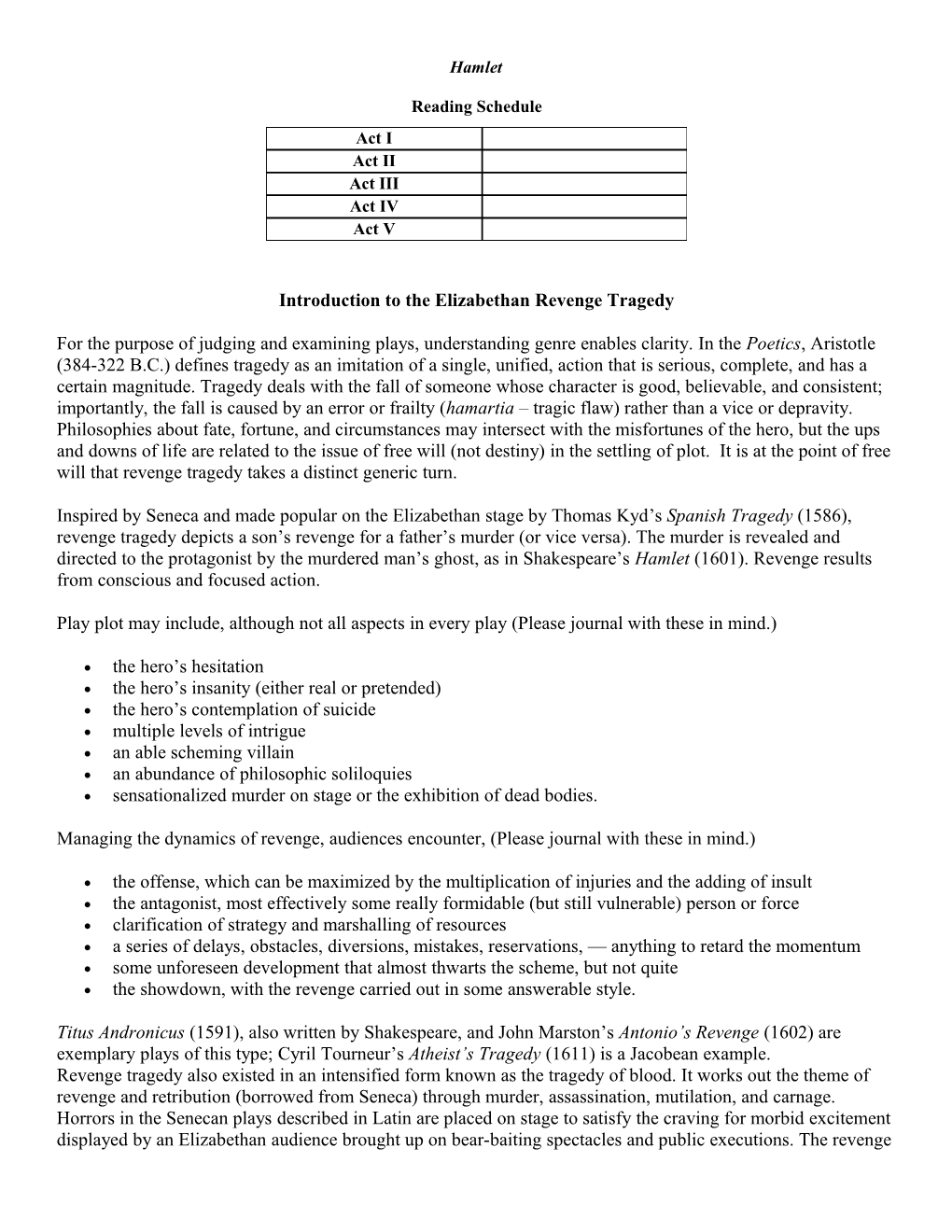 Introduction to the Elizabethan Revenge Tragedy