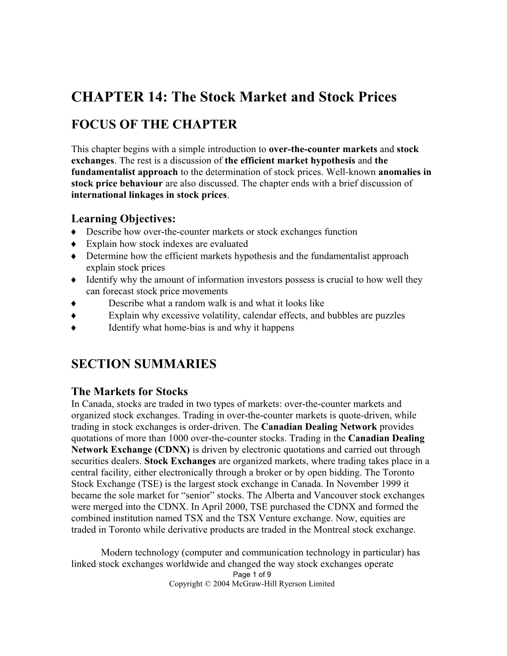 CHAPTER 14: the Stock Market and Stock Prices