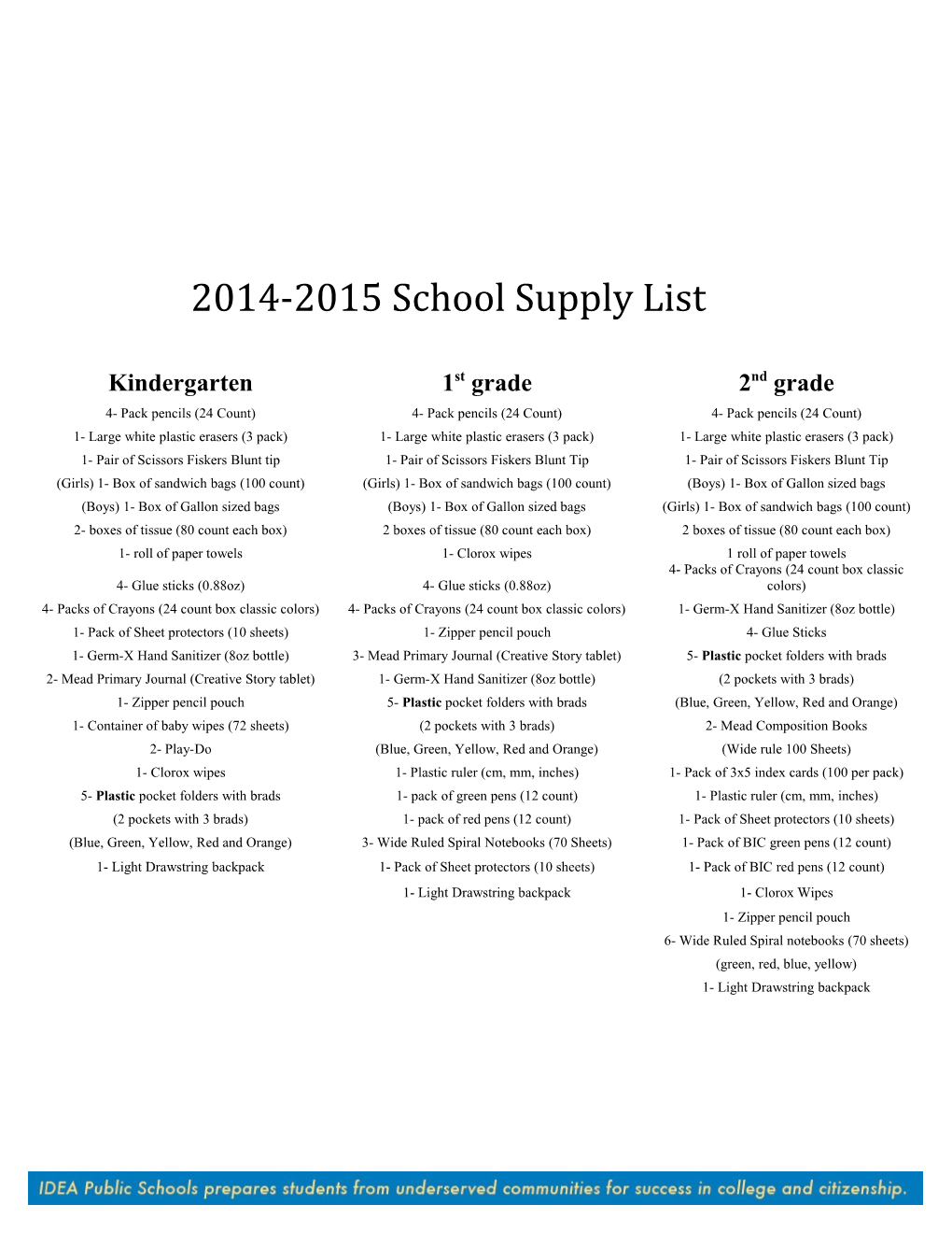 2014-2015 School Supply List