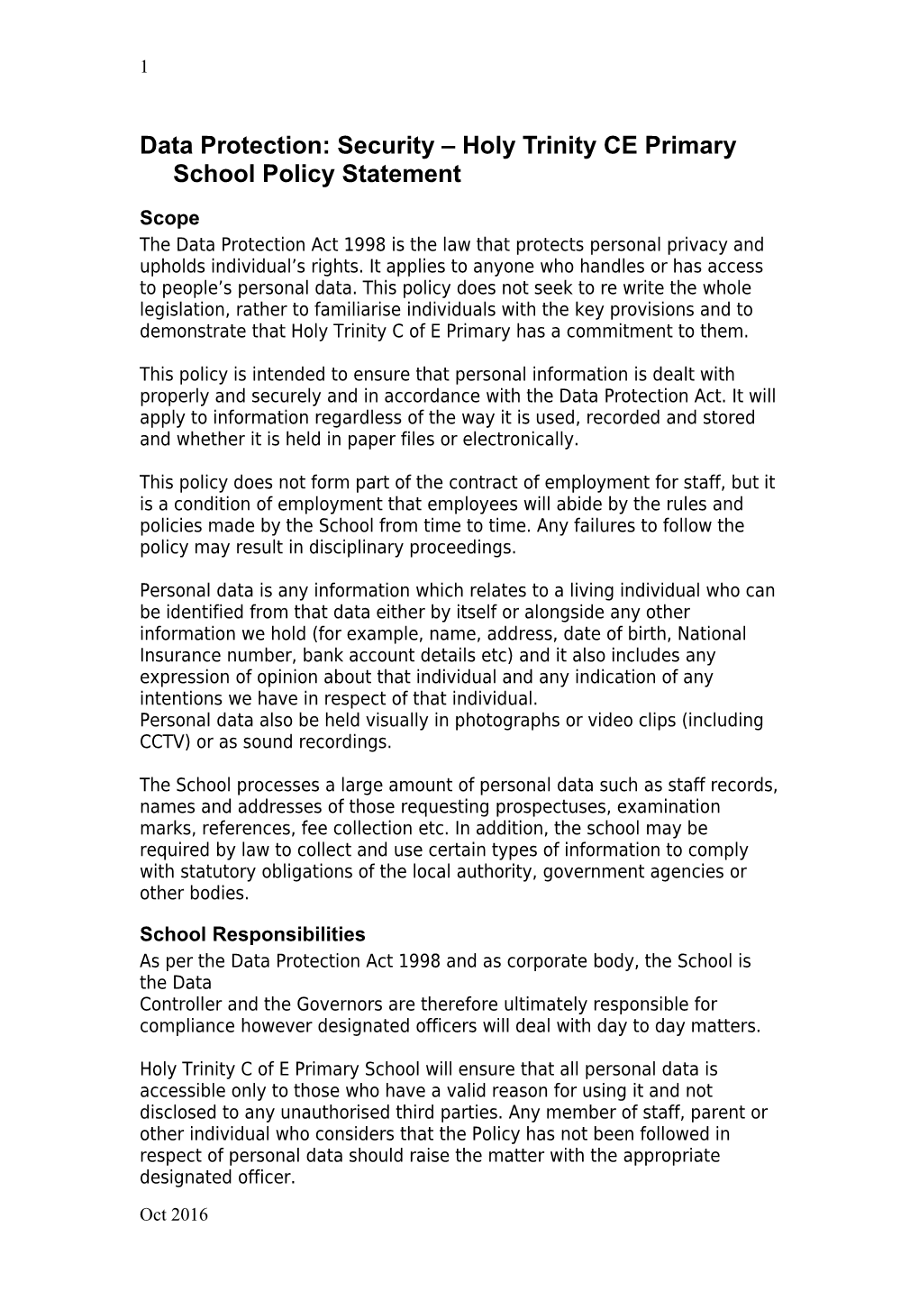 Data Protection: Security Holy Trinity CE Primary School Policy Statement