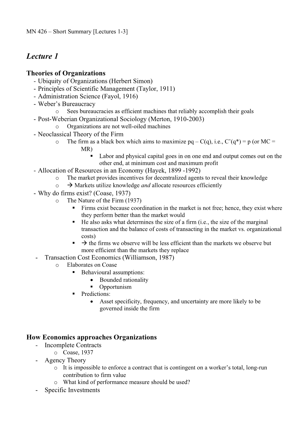 MN 426 Short Summary Lectures 1-3