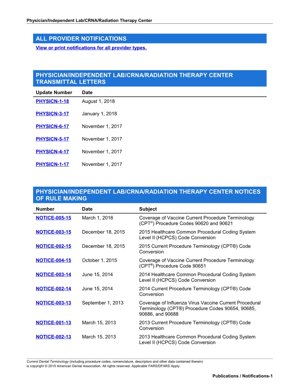 Physician/Independent Lab/CRNA/Radiation Therapy Center O File