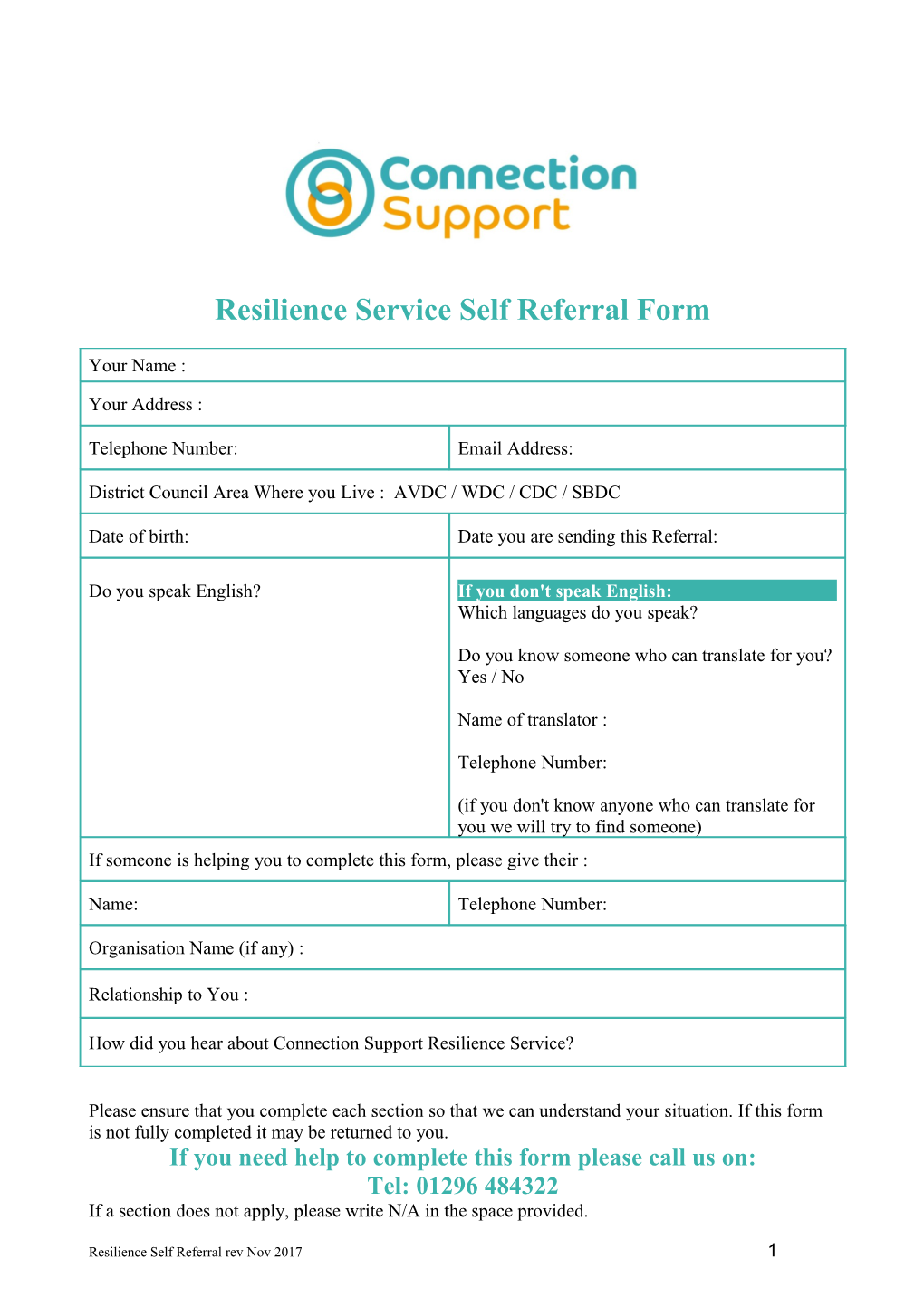 Resilience Service Self Referral Form