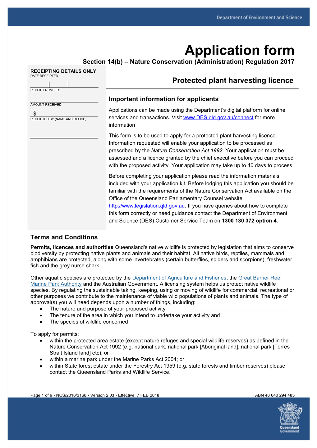 Application Form Protected Plants Harvesting Licence