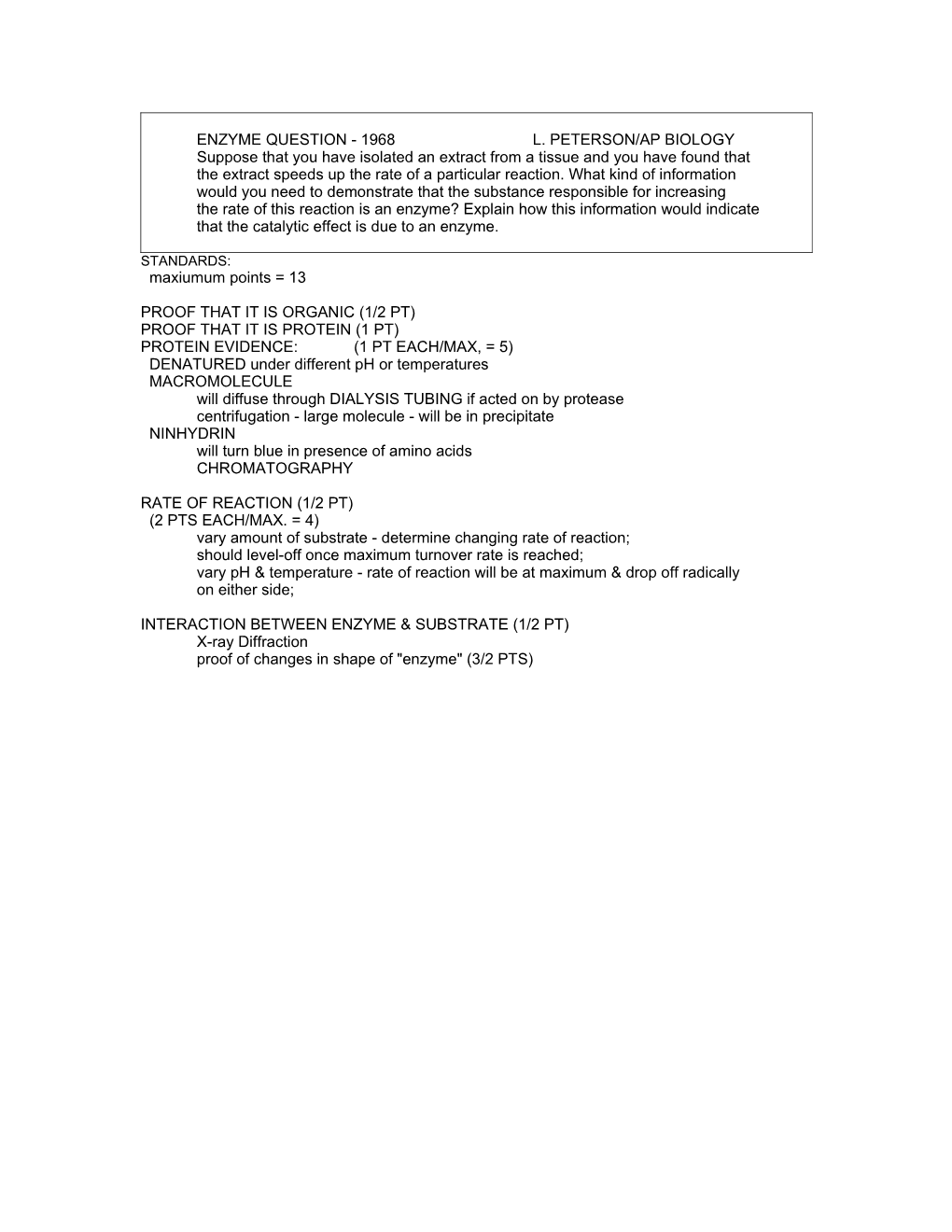 Enzyme Question - 1968 L. Peterson/Ap Biology