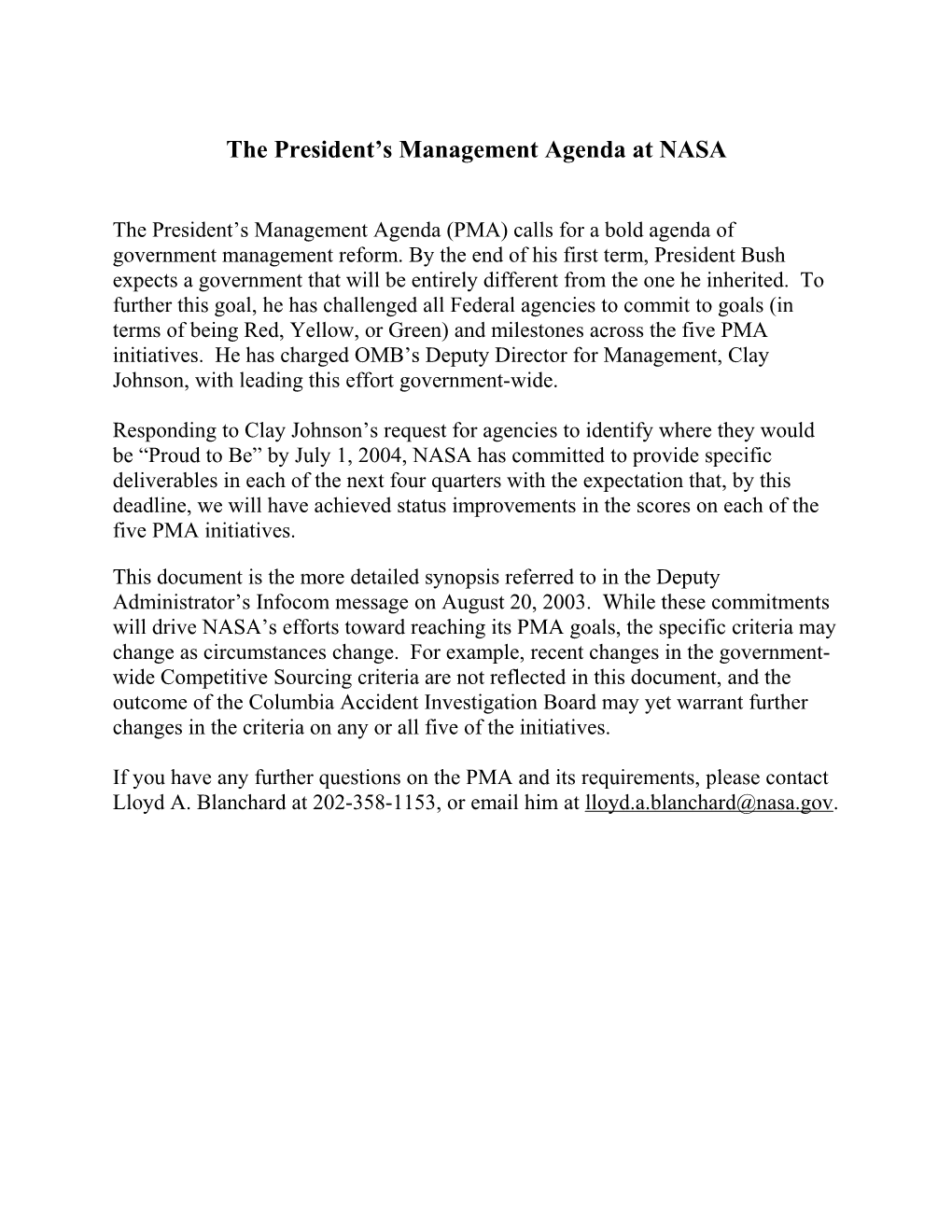 The President S Management Agenda at NASA