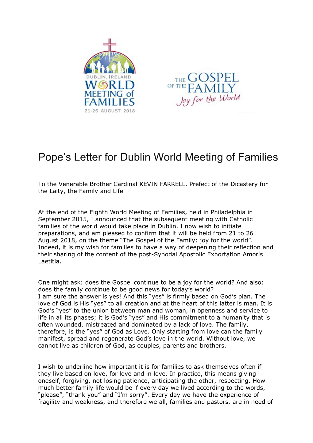 Pope S Letter for Dublin World Meeting of Families