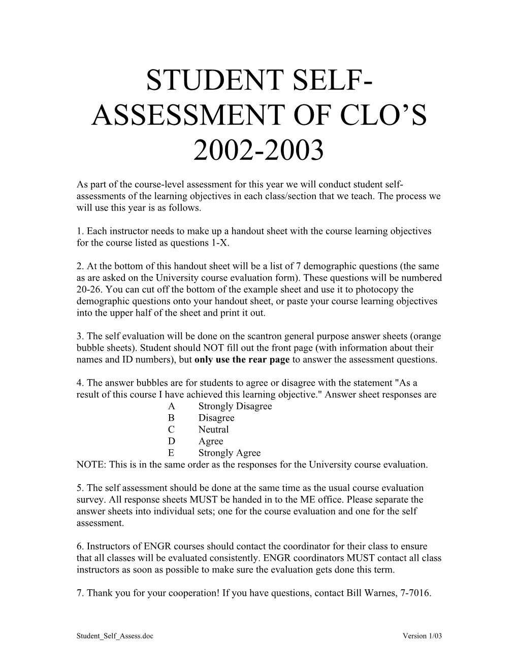 Student Self-Assessment of Clo S