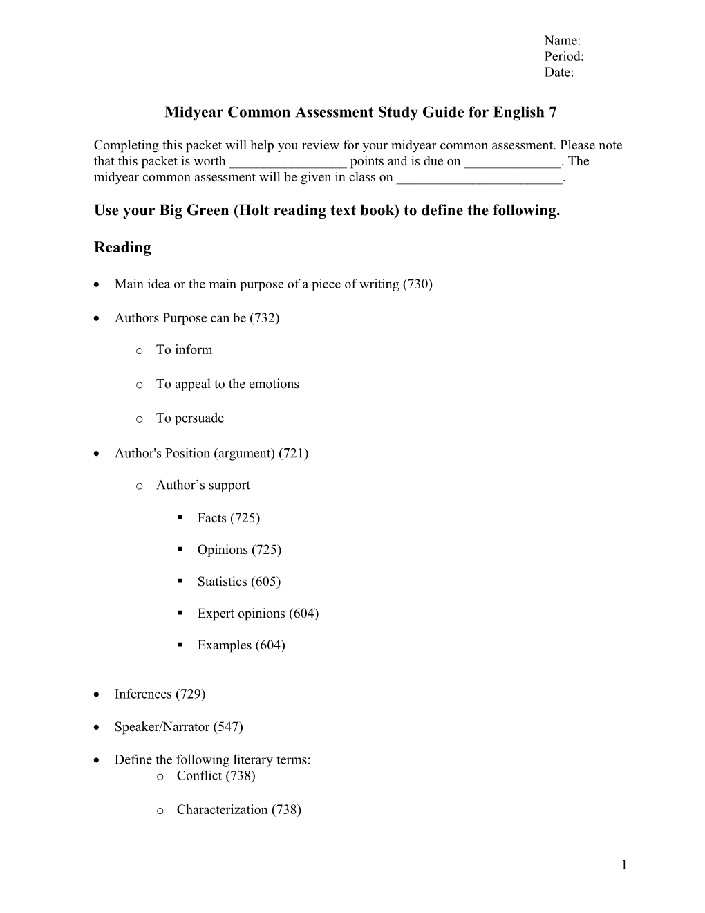 Midyear Common Assessment Study Guide for English 7