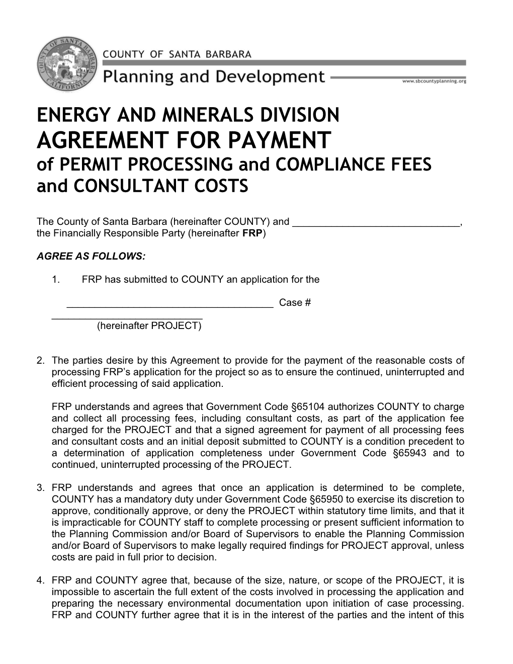 Santa Barbara County Energy and Minerals Division Agreement to Pay
