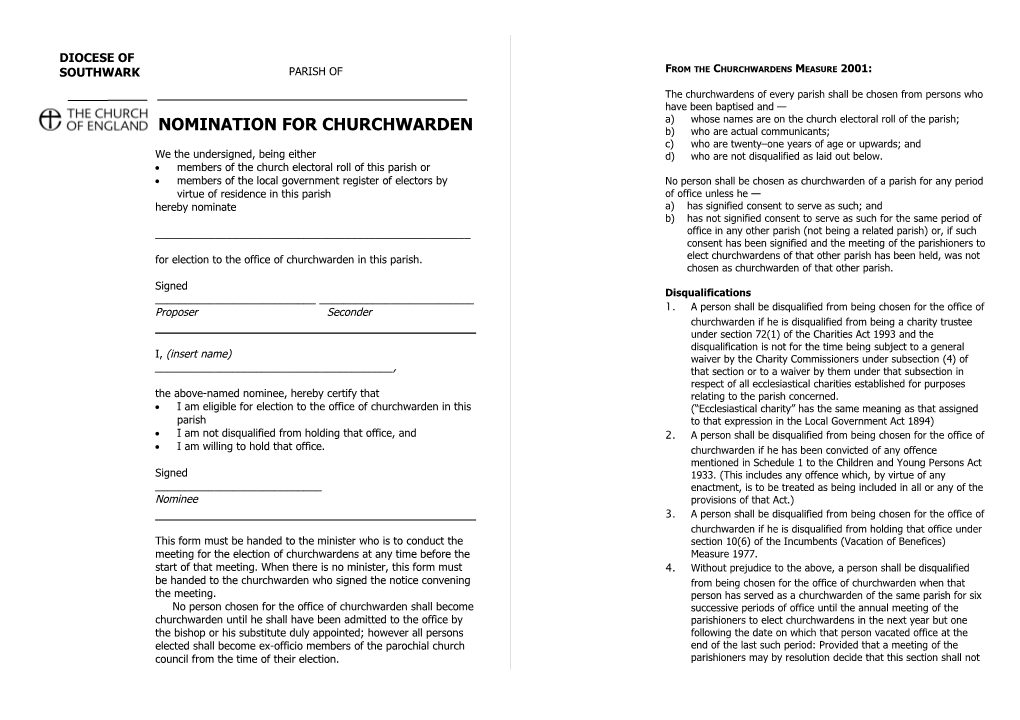 Nomination for Churchwarden