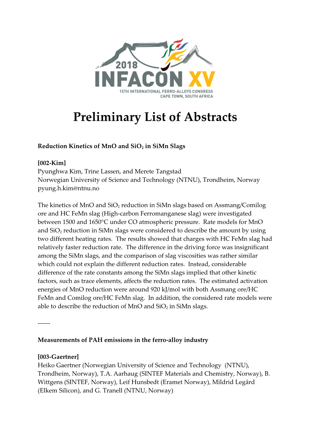 List of Abstracts