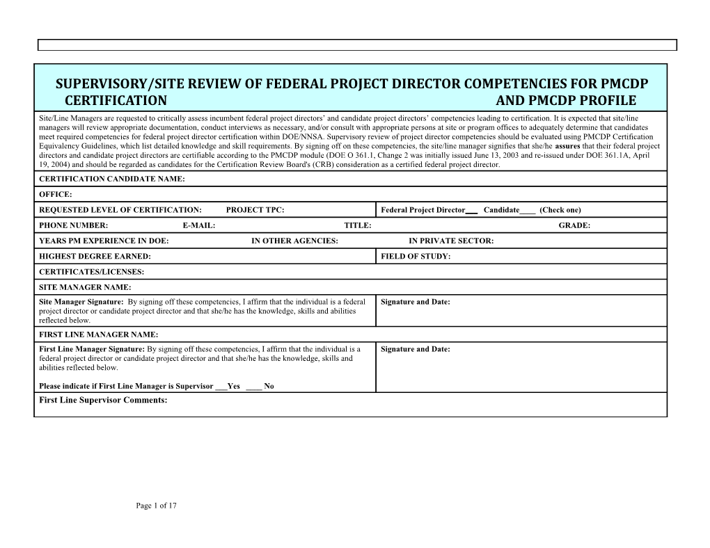 Supervisory/Site Review of Federal Project Director Competencies for Pmcdp Certification