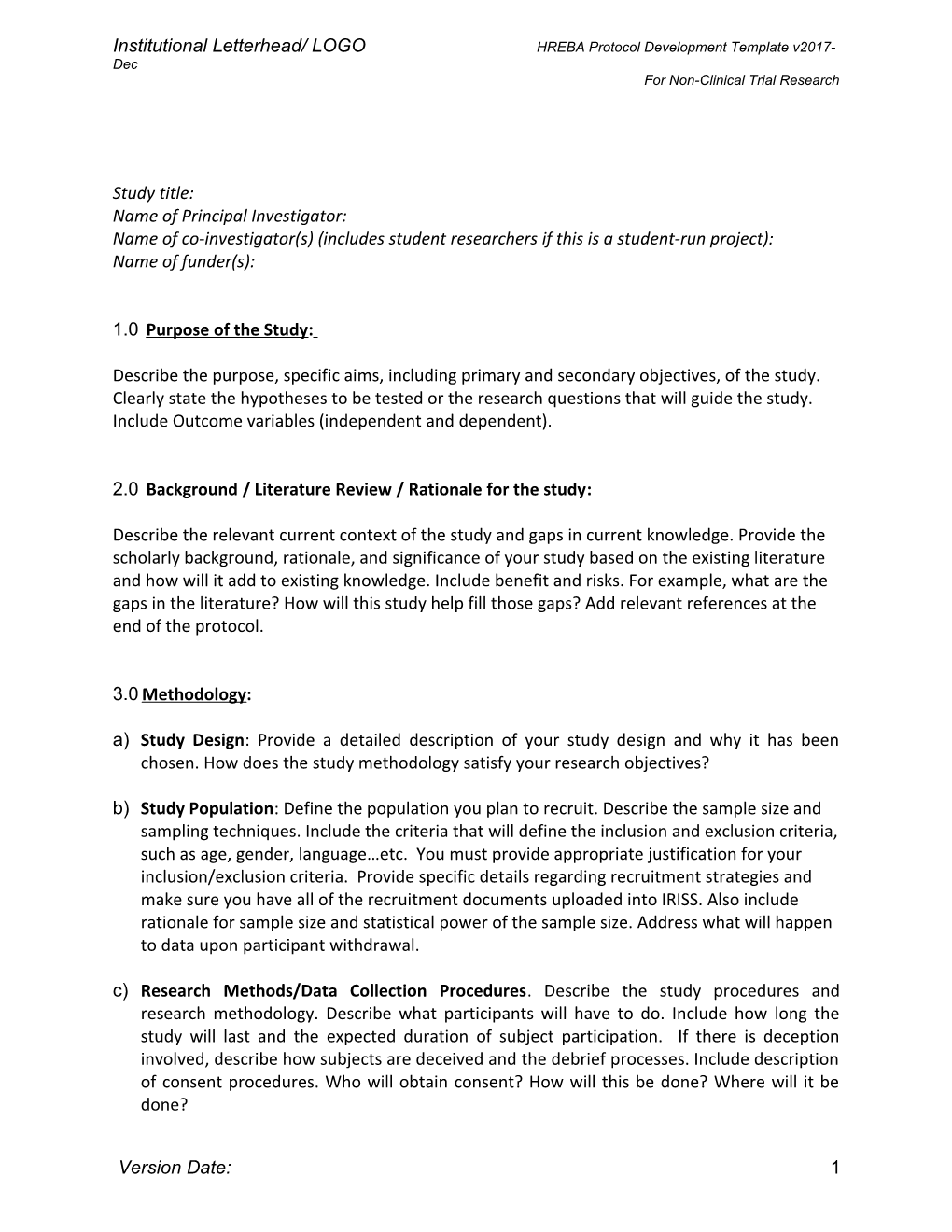 Institutional Letterhead/ LOGO HREBA Protocol Development Template V2017-Dec