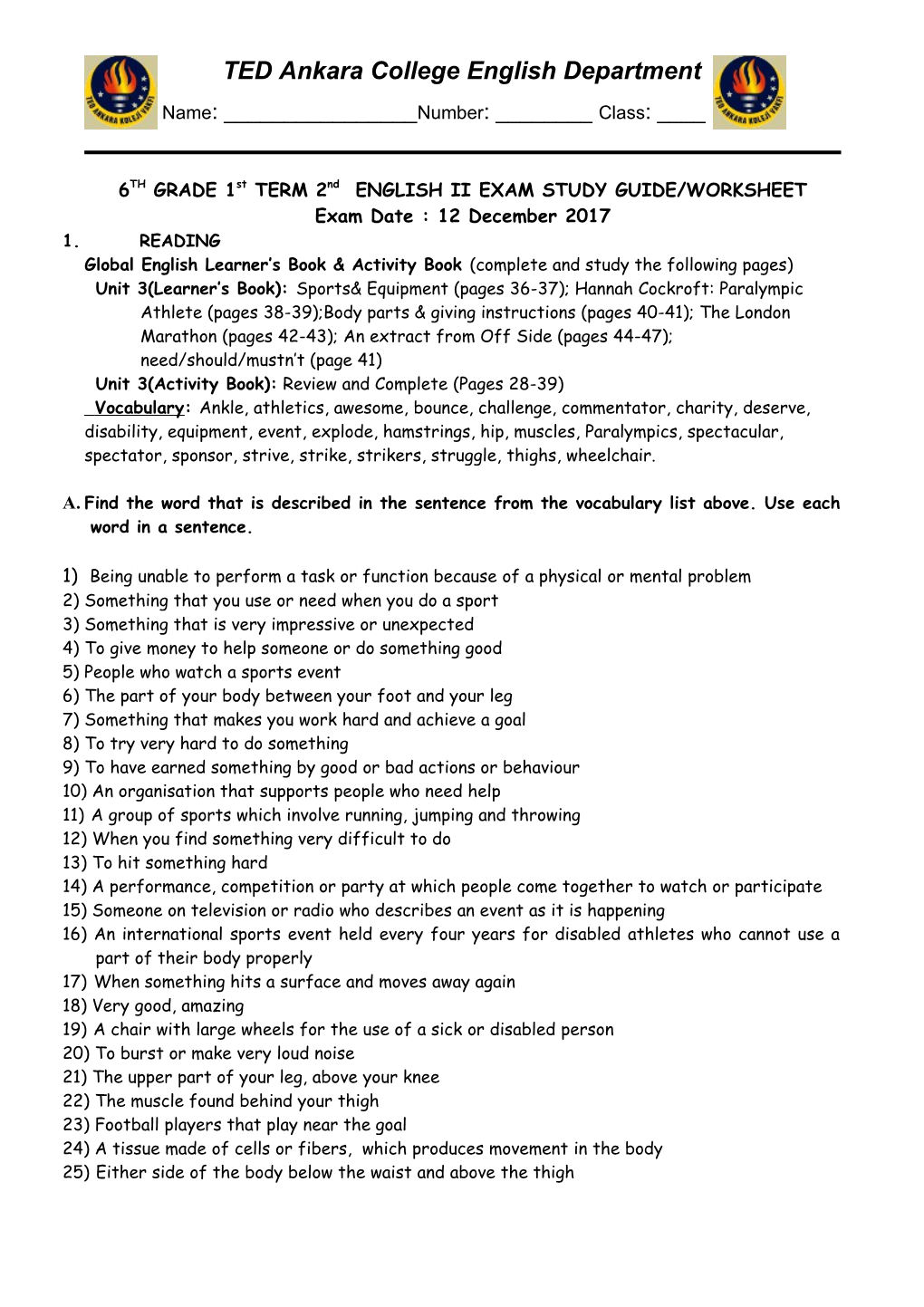 6TH GRADE 1St TERM 2Nd ENGLISH II EXAM STUDY GUIDE/WORKSHEET