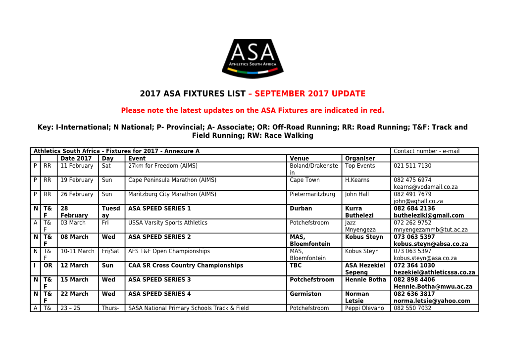 Please Note the Latest Updates on the ASA Fixtures Are Indicated in Red