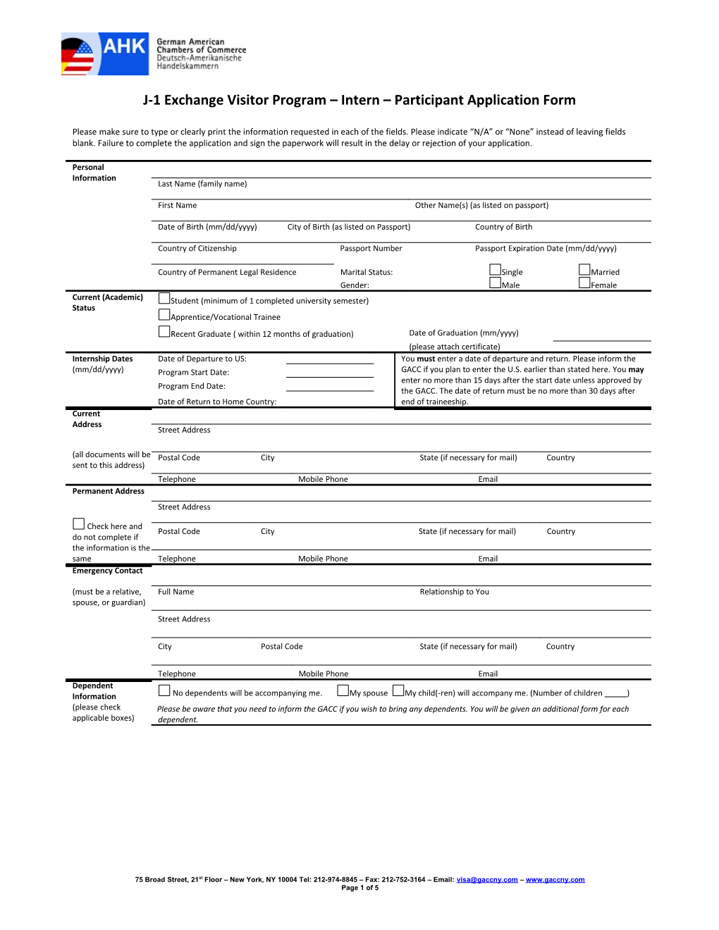 J-1 Exchange Visitor Program Intern Participant Application Form