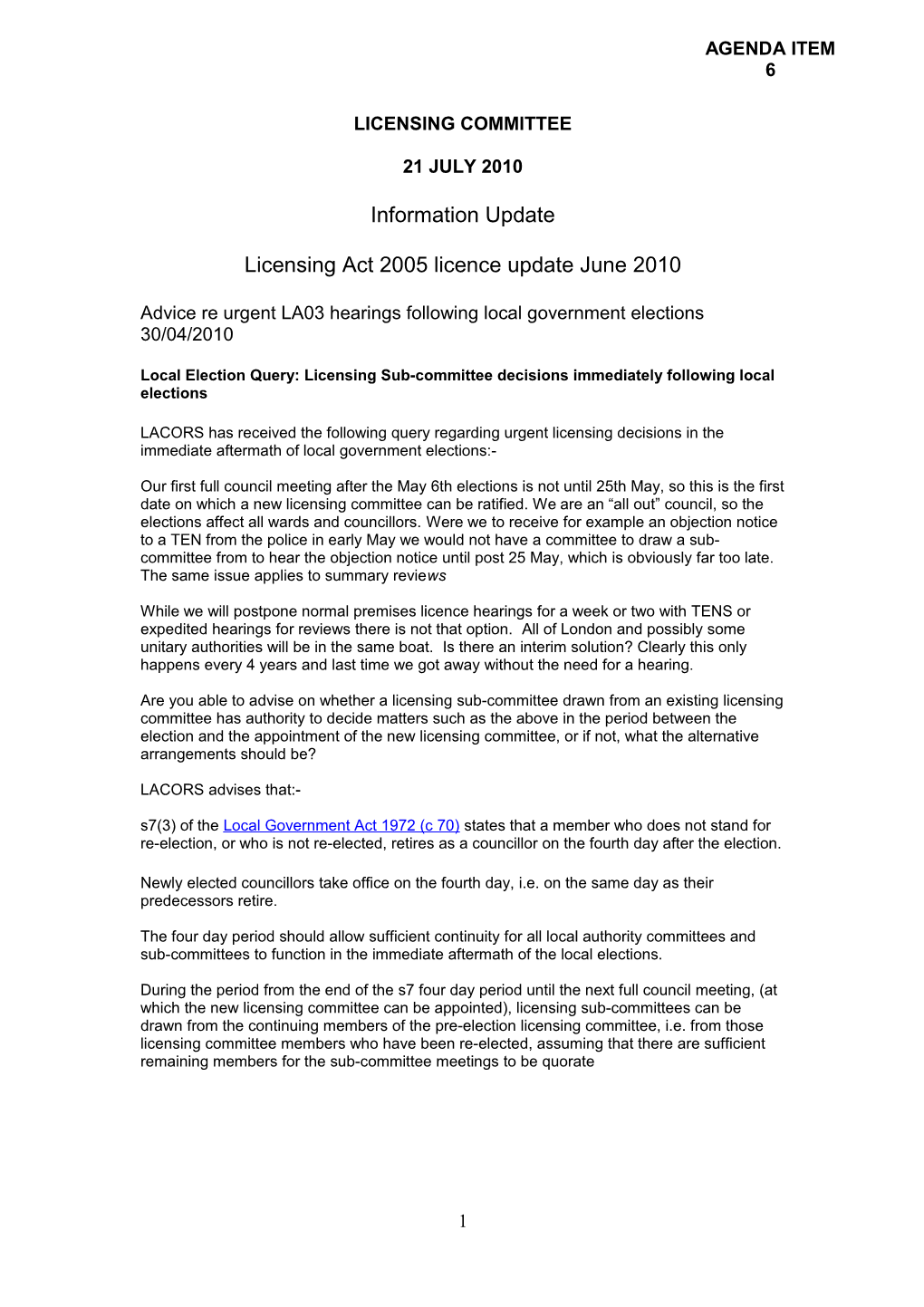 Licensing Act 2005 Licence Update June 2010