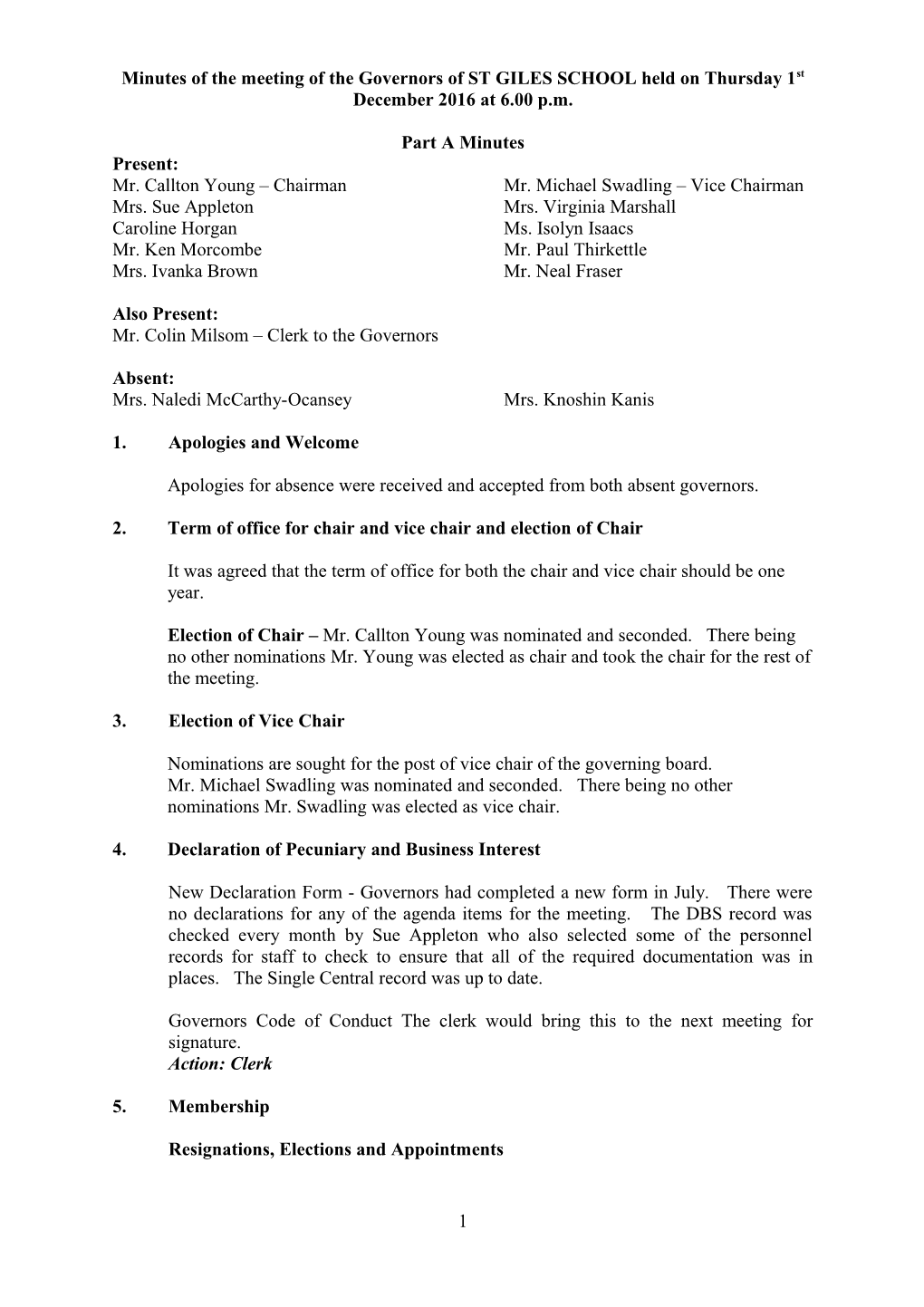 Minutes of the Meeting of the Governors of ST GILES SCHOOL Held Onthursday 1St December