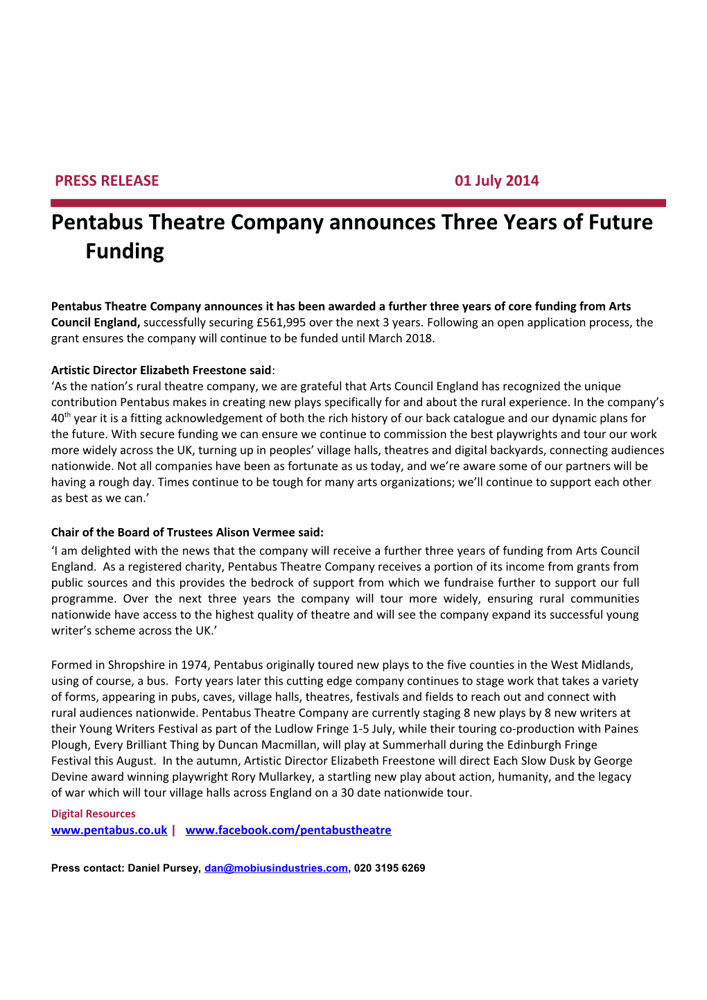 Pentabus Theatre Company Announces Three Years of Future Funding