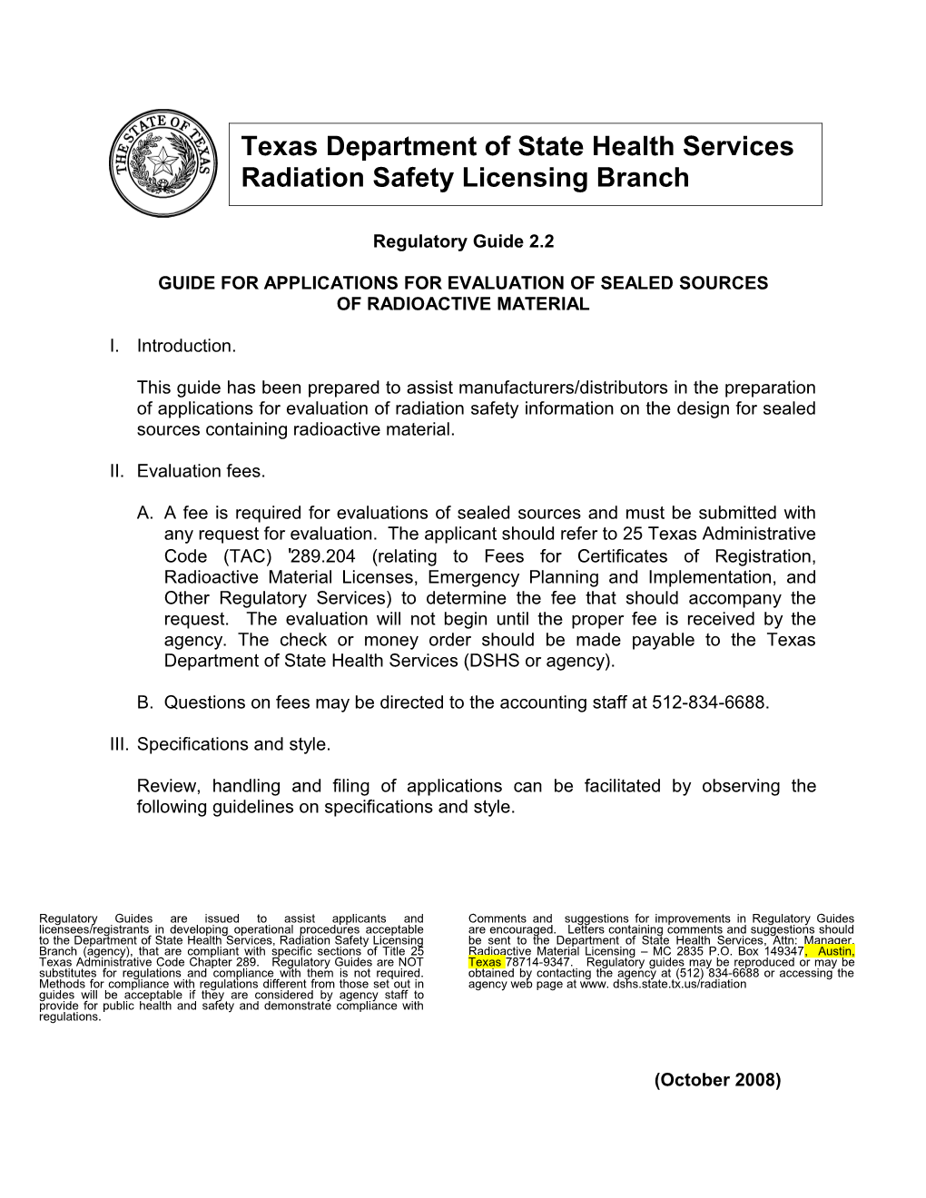 Guide for Applications for Evaluation of Sealed Sources