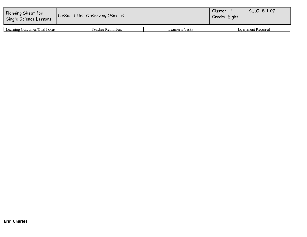 Planning Sheet for Single Science Lessons