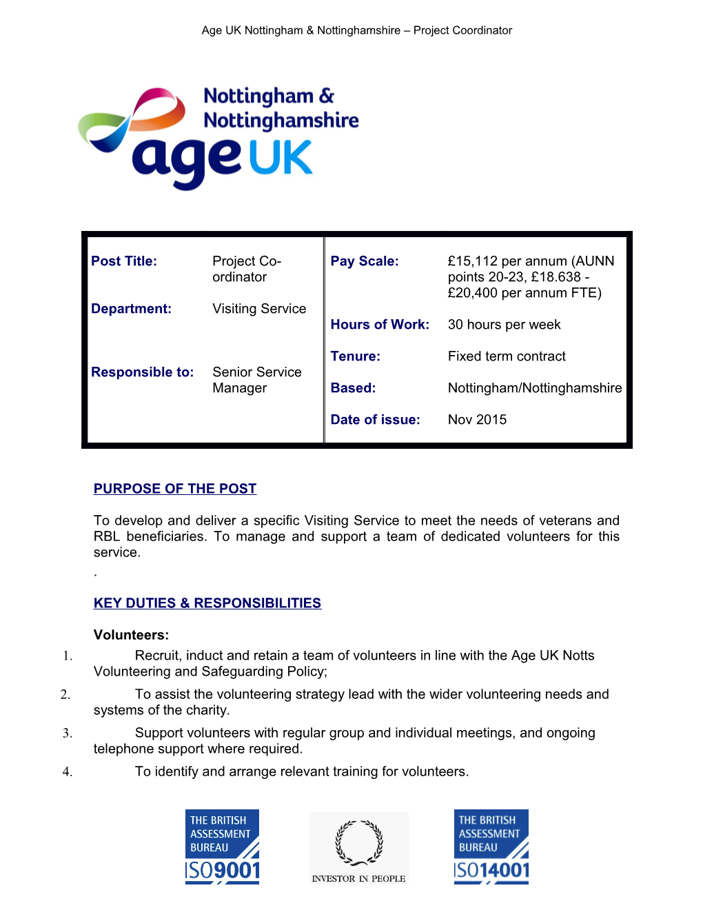 Age UK Nottingham Nottinghamshire Project Coordinator