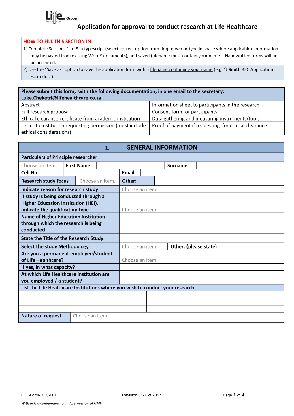 Application for Approval to Conduct Research at Life Healthcare
