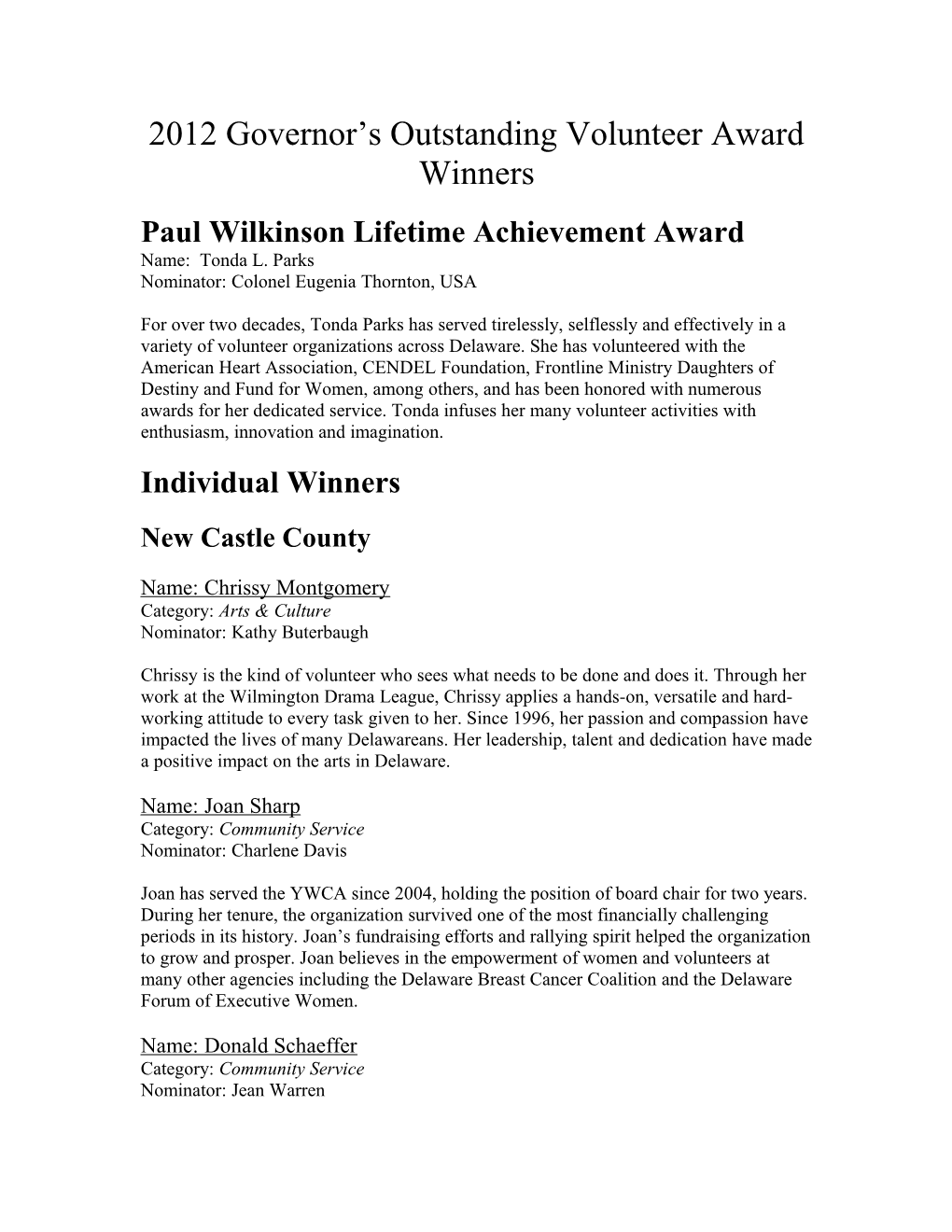 2011 Governor S Outstanding Volunteer Award Winners