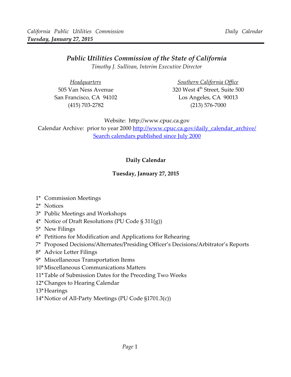 California Public Utilities Commission Daily Calendar Tuesday, January 27, 2015