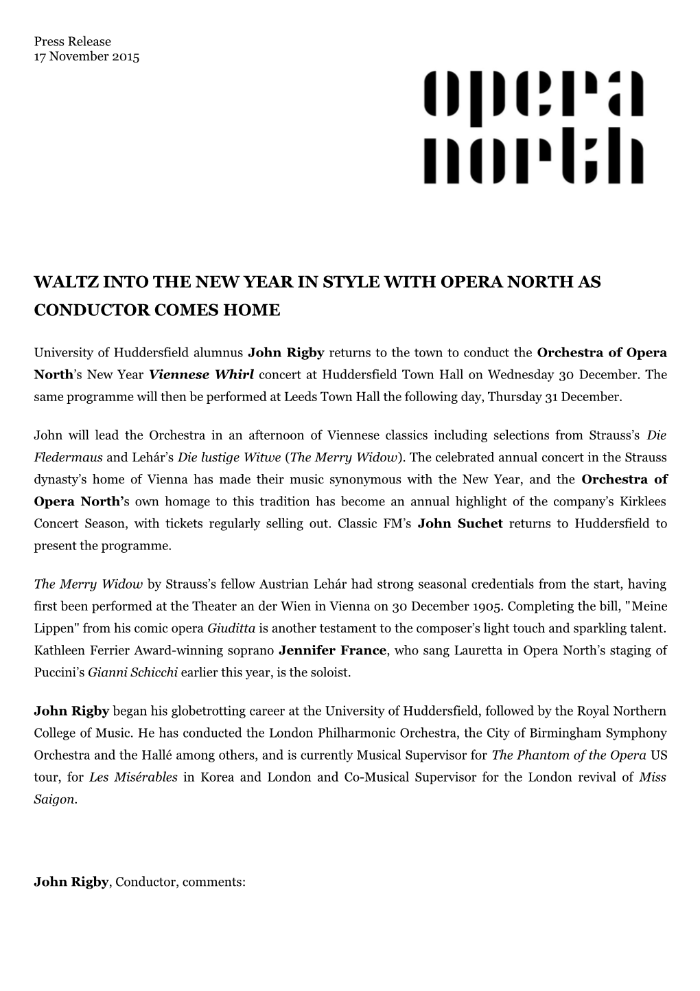Waltz Into the New Year in Style with Opera North As Conductor Comes Home