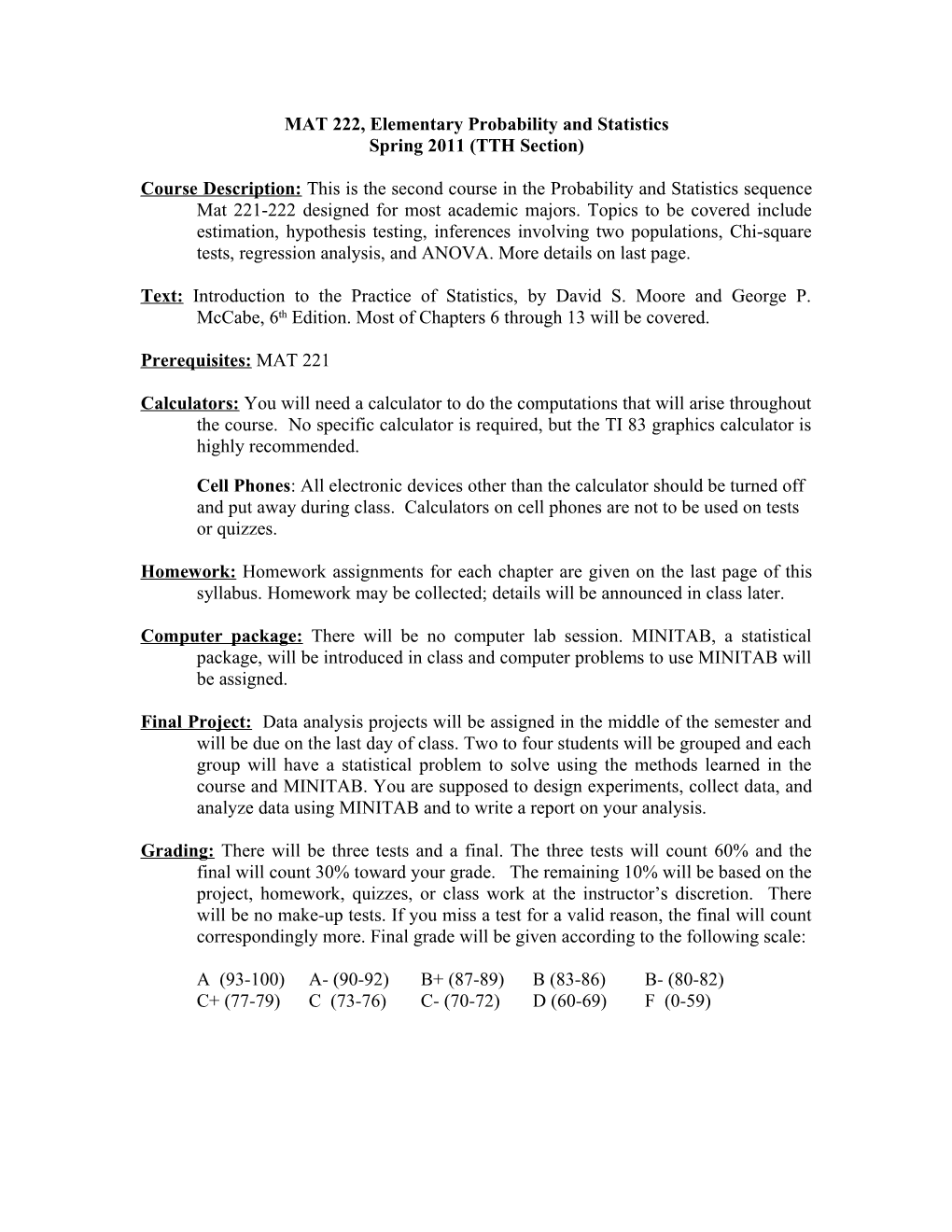 MAT 222, Elementary Probability and Statistics