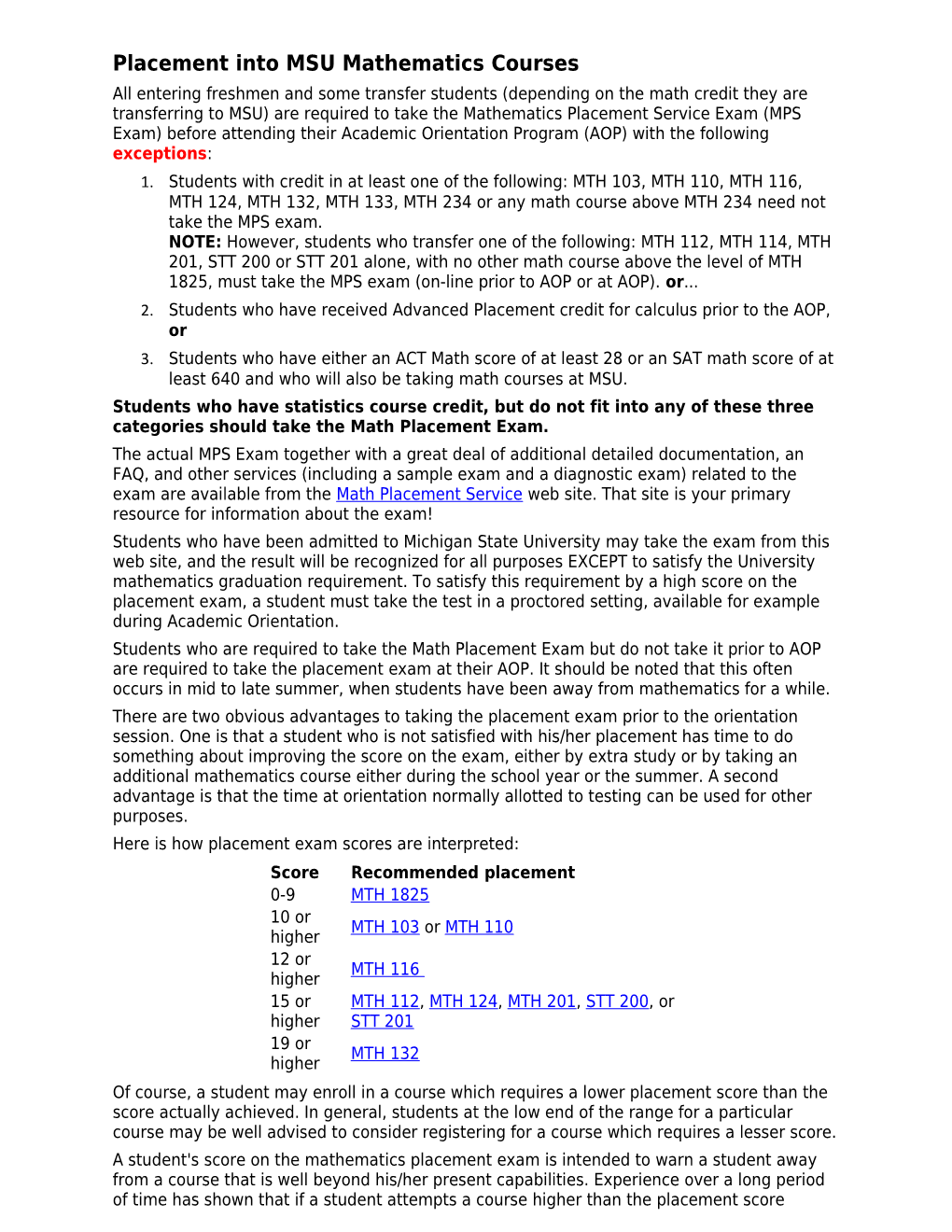 Placement Into MSU Mathematics Courses