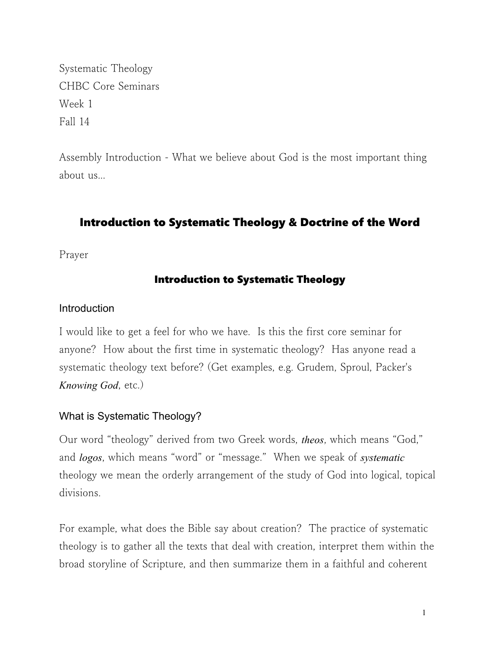 Introduction to Systematic Theology & Doctrine of the Word