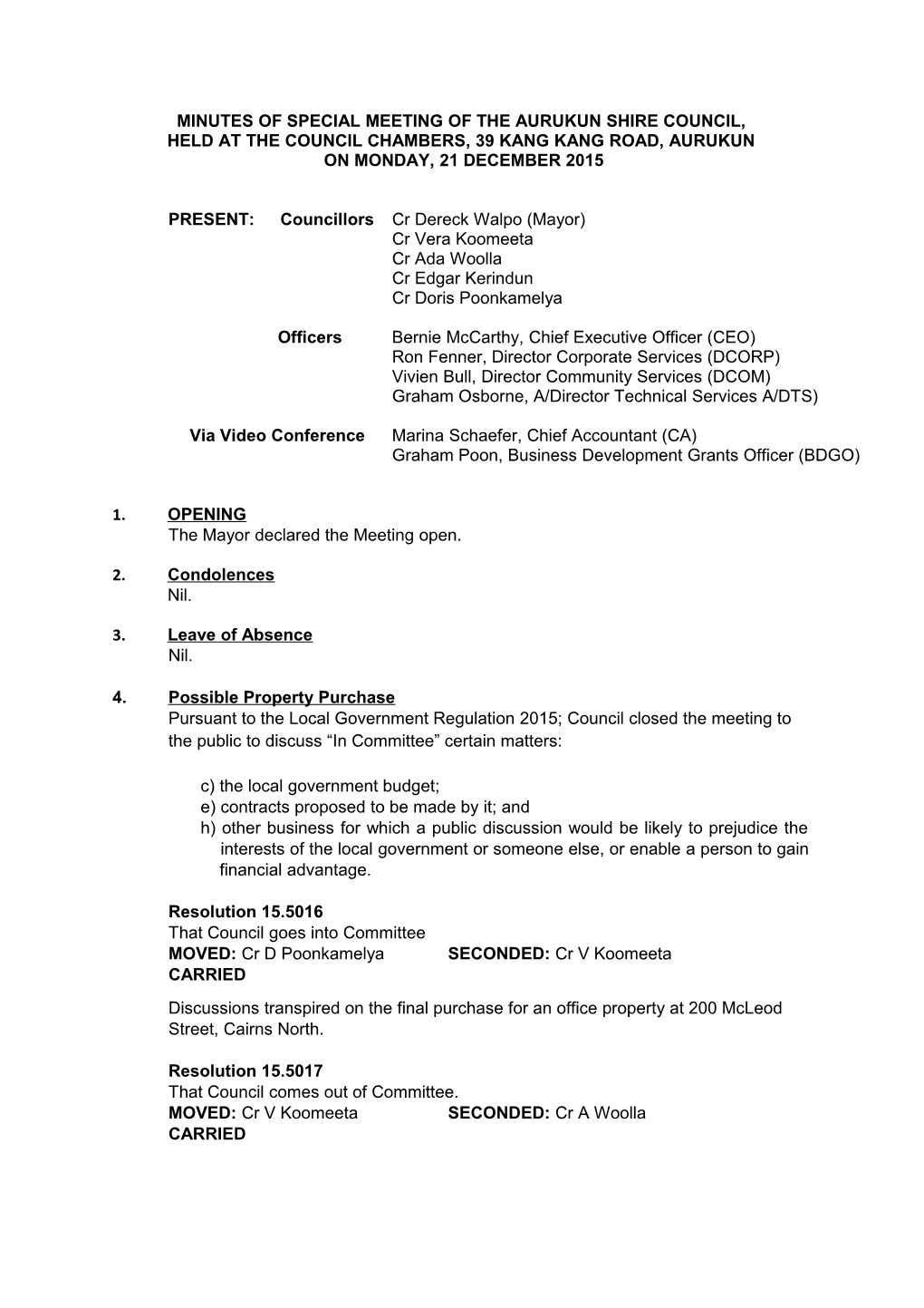 Minutes of Special Meeting of the Aurukun Shire Council