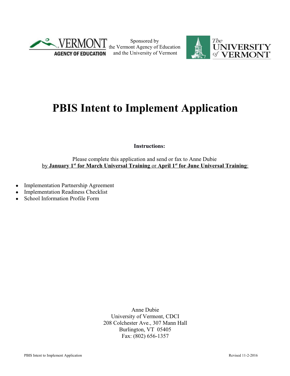 PBIS Intent to Implement Application