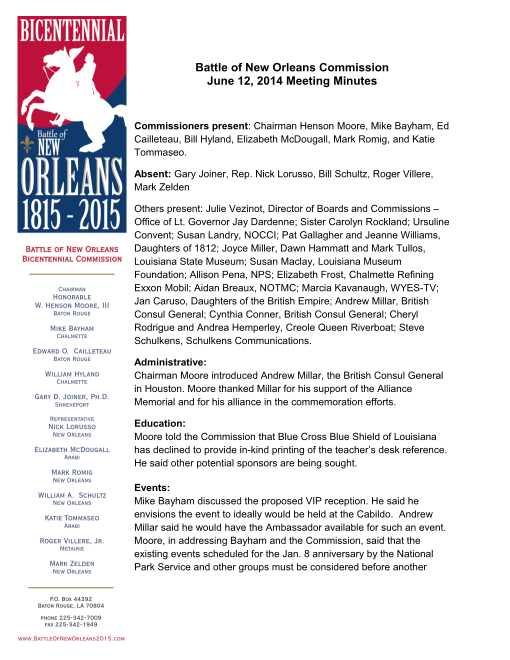 Battle of New Orleans Commission June 12, 2014 Meeting Minutes