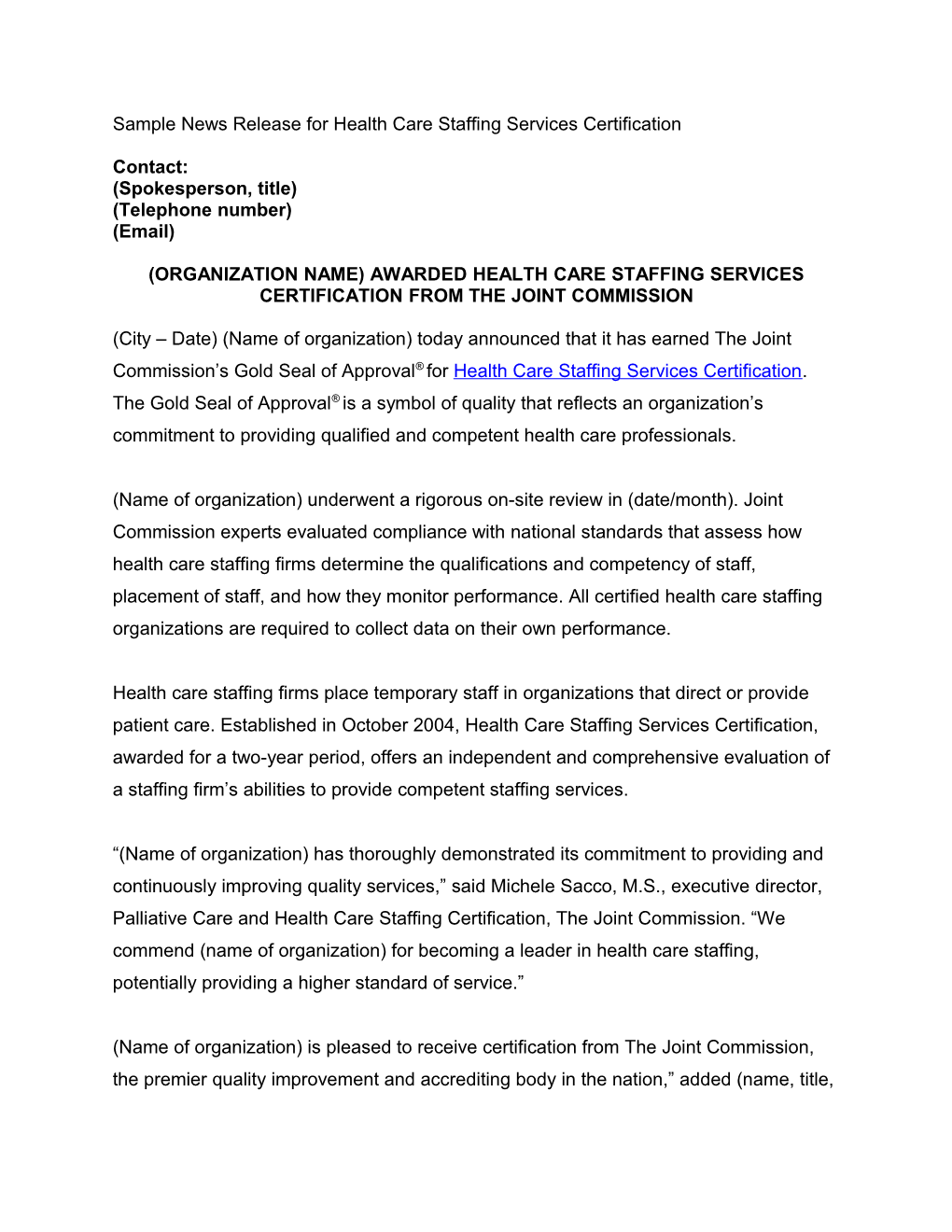 Sample News Release for Health Care Staffing Services Certification