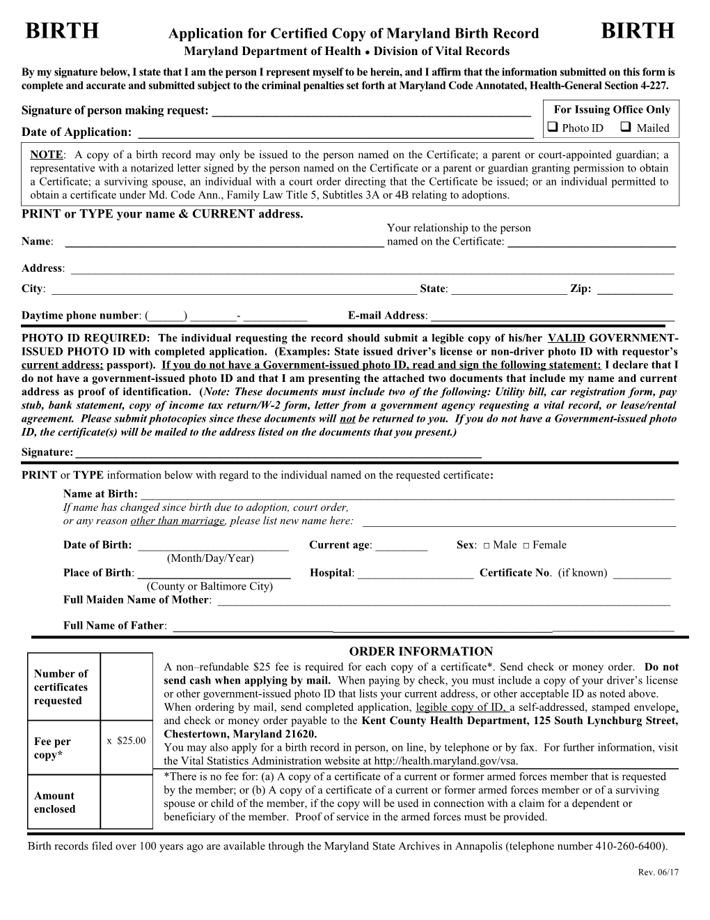 BIRTH Application for Certified Copy of Maryland Birth Record BIRTH