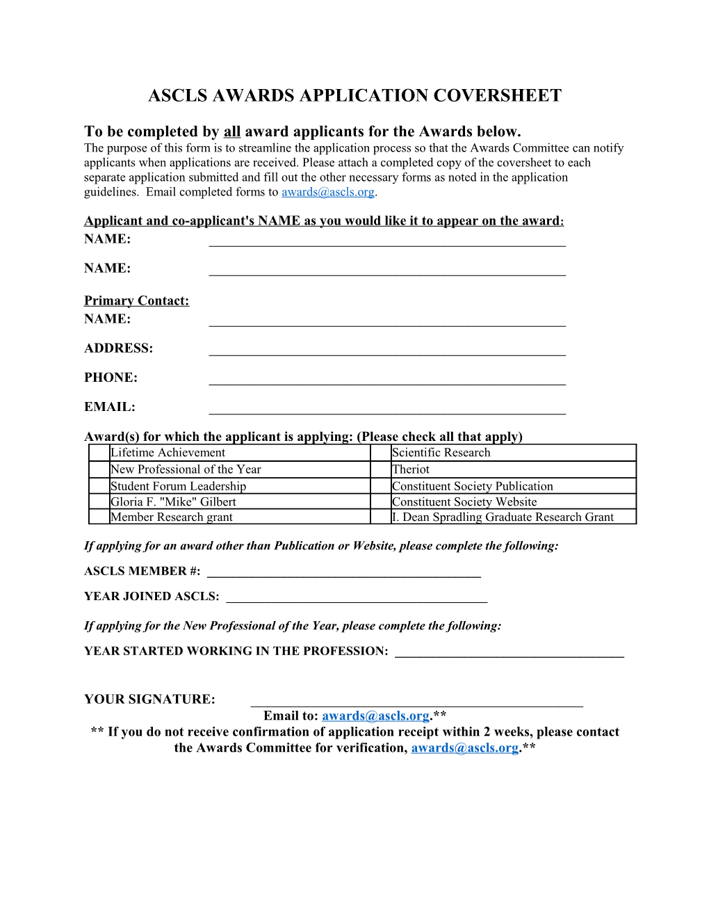 Ascls Awards Application Coversheet