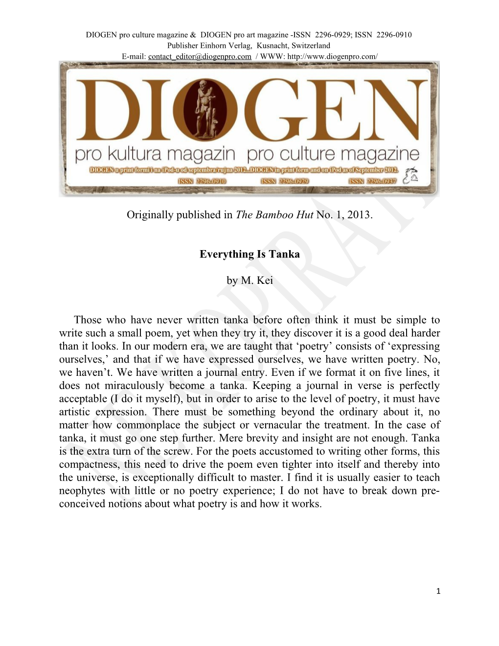 DIOGEN Pro Culture Magazine & DIOGEN Pro Art Magazine -ISSN 2296-0929; ISSN 2296-0910