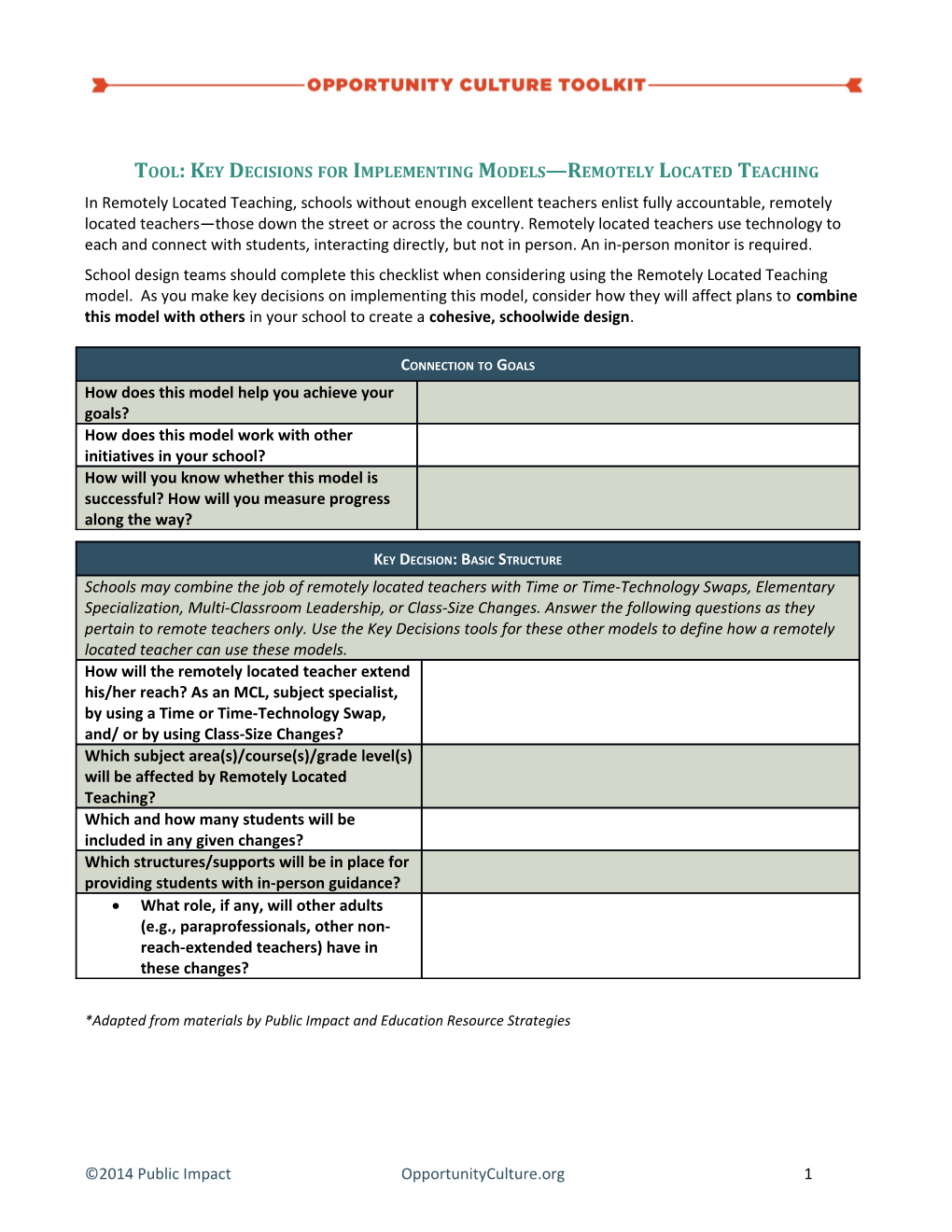 Tool: Key Decisions for Implementing Models Remotely Located Teaching