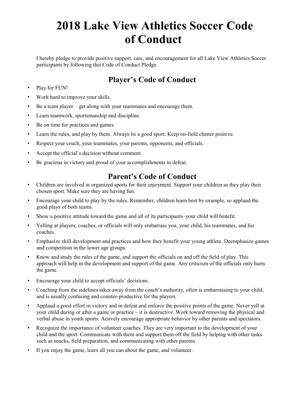 2018 Lake View Athletics Soccer Code of Conduct